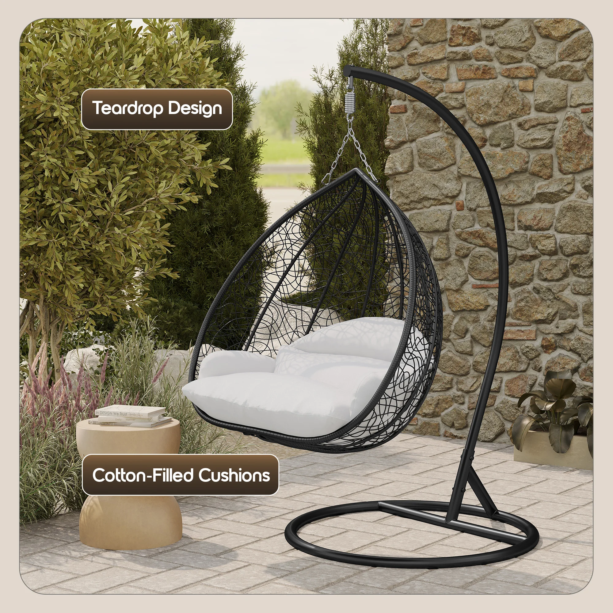 Recluse Collection Modern Outdoor Swing Chair Black Frame with ES57 White Cushion