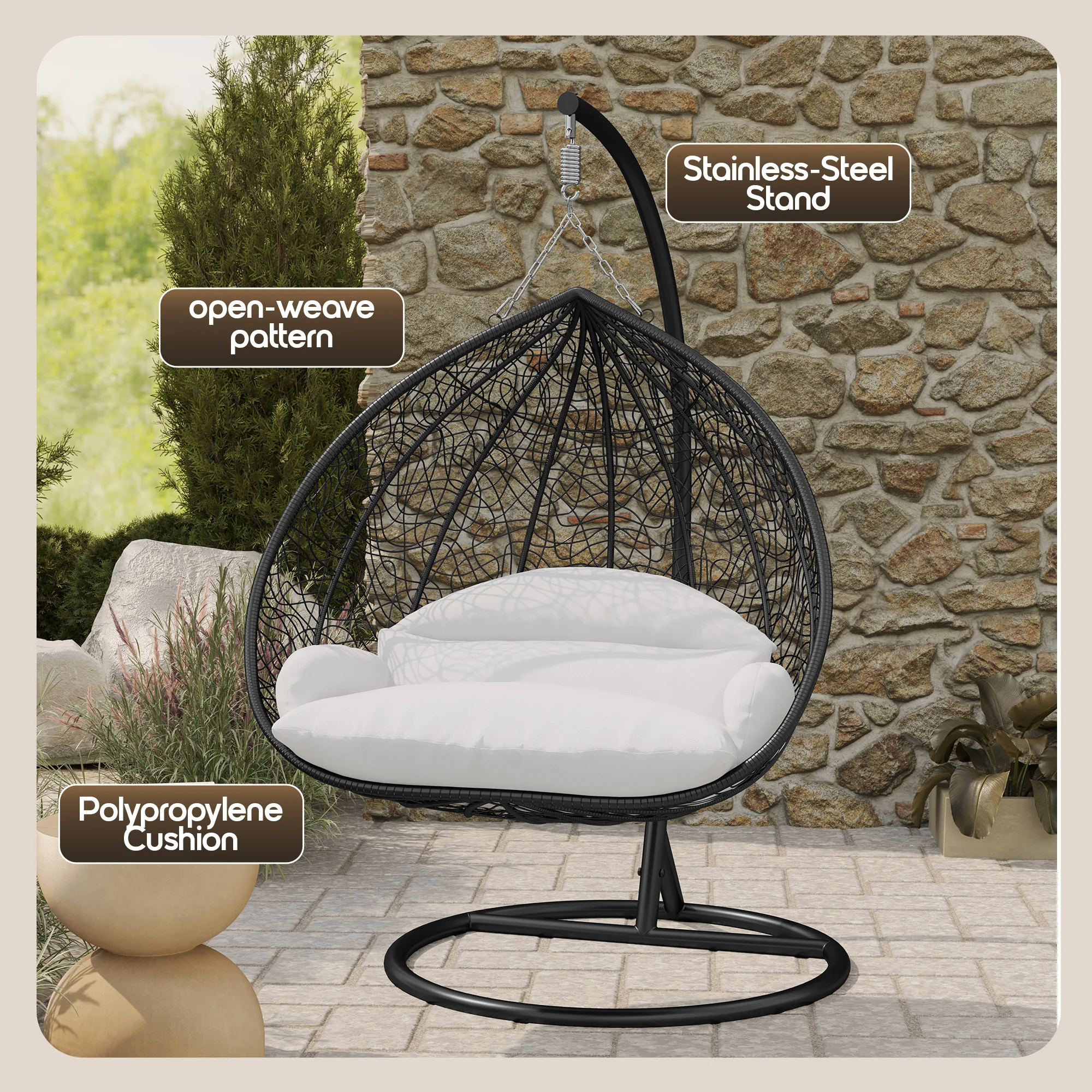 Recluse Collection Modern Outdoor Swing Chair Black Frame with ES57 White Cushion