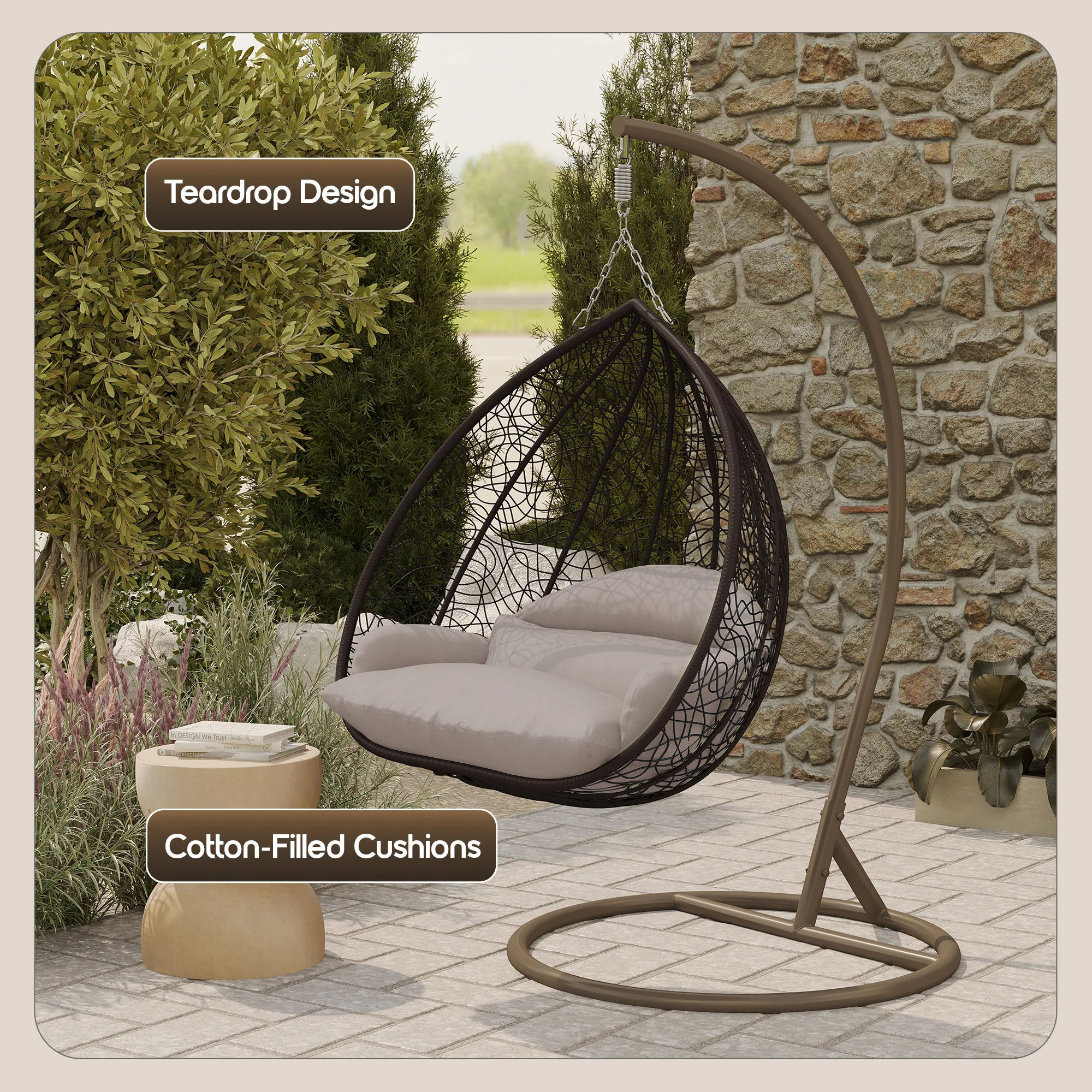 Recluse Collection Modern Outdoor Swing Chair Brown Frame with ES57 Beige Cushion