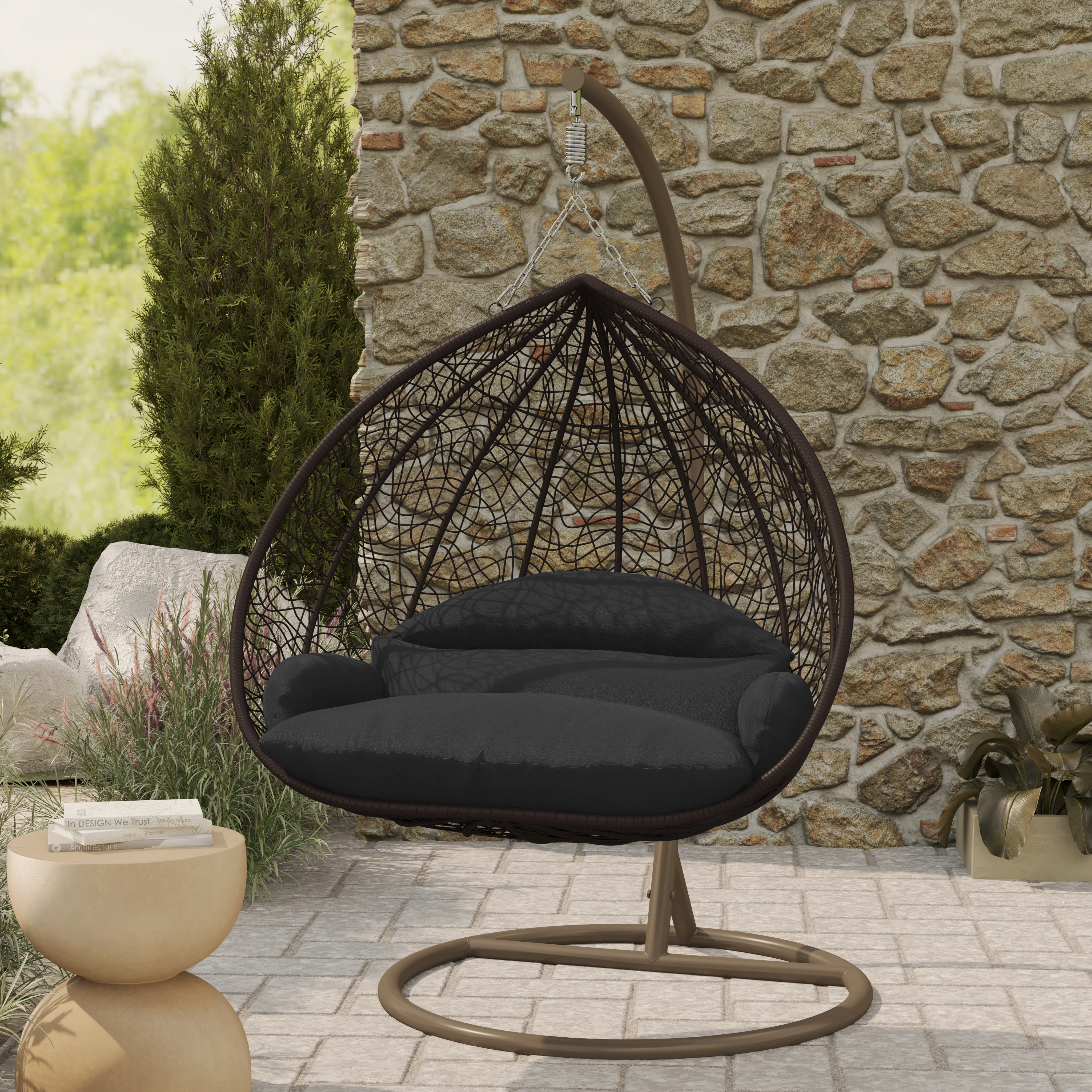 Recluse Collection Modern Outdoor Swing Chair Brown Frame with ES57 Black Cushion