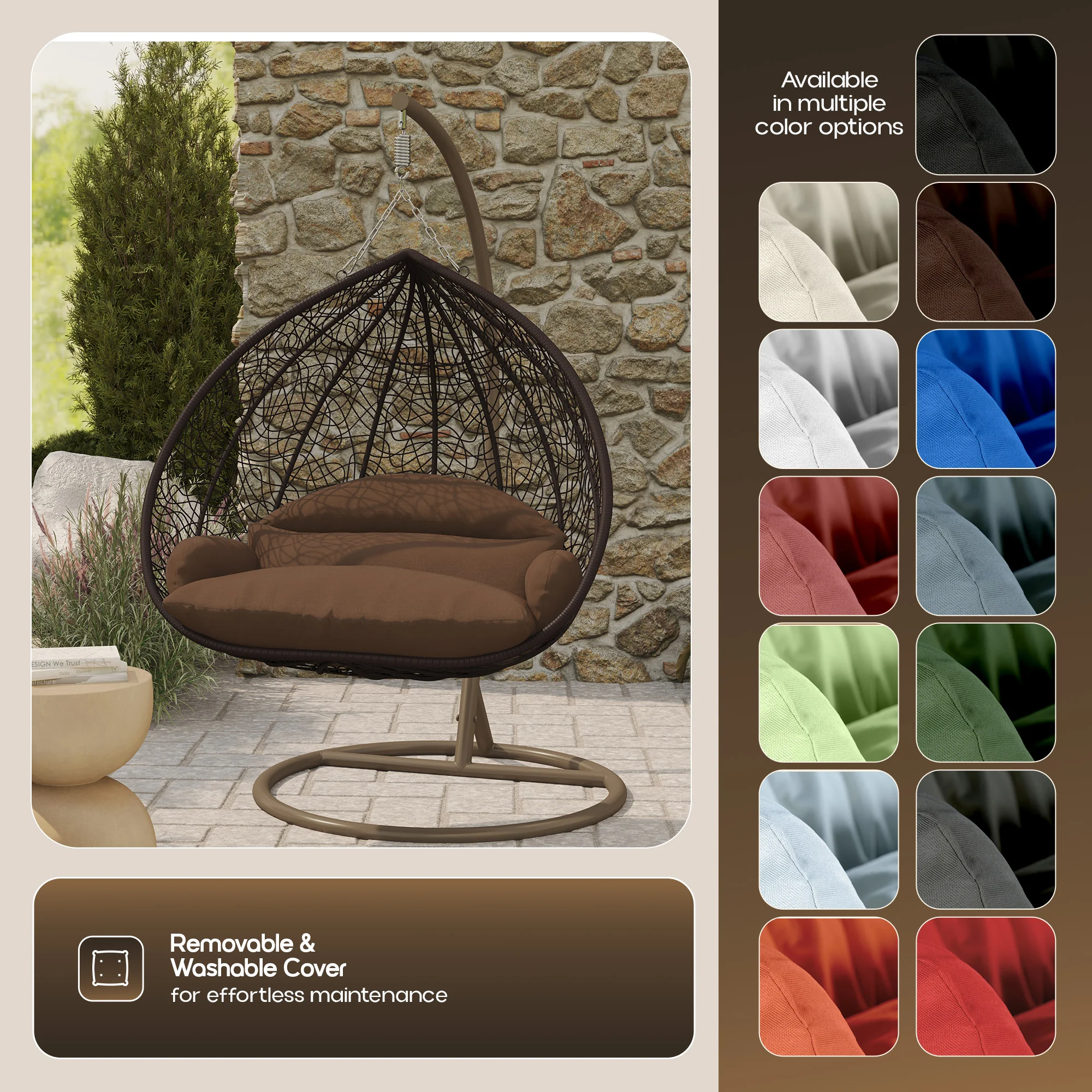 Recluse Collection Modern Outdoor Swing Chair Brown Frame with ES57 Brown Cushion
