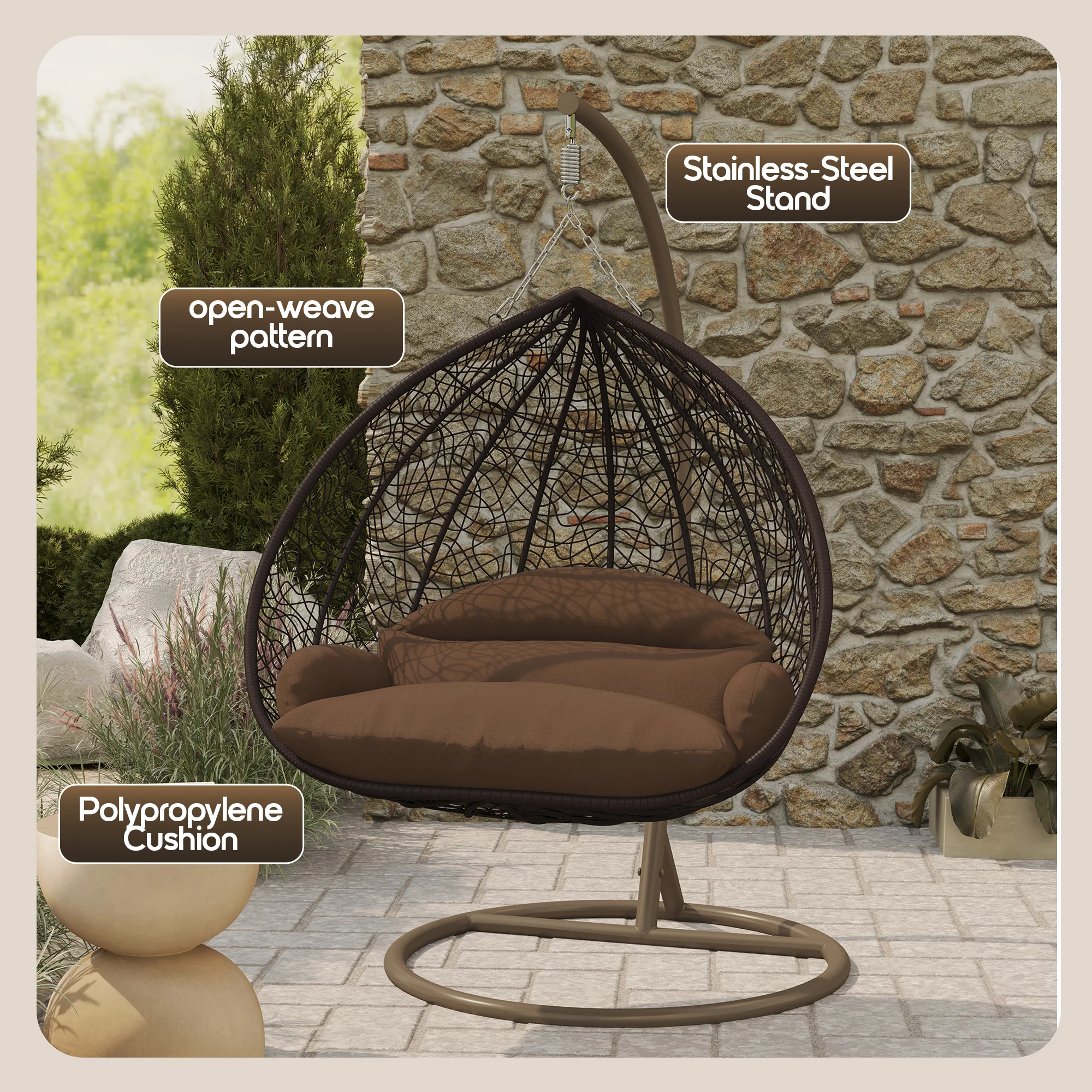 Recluse Collection Modern Outdoor Swing Chair Brown Frame with ES57 Brown Cushion