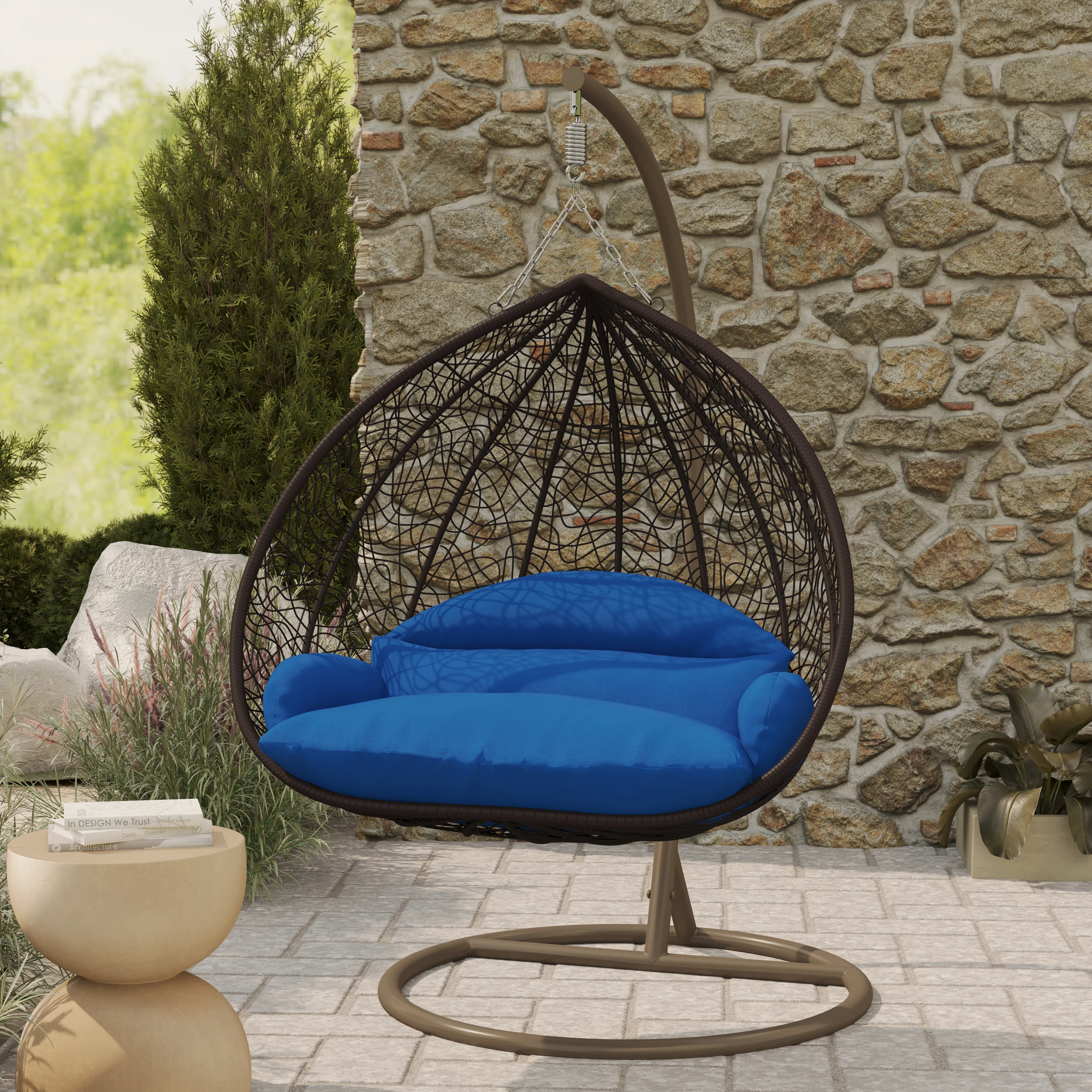 Recluse Collection Modern Outdoor Swing Chair Brown Frame with ES57 Blue Cushion