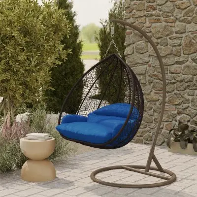Recluse Collection Modern Outdoor Swing Chair Brown Frame with ES57 Blue Cushion