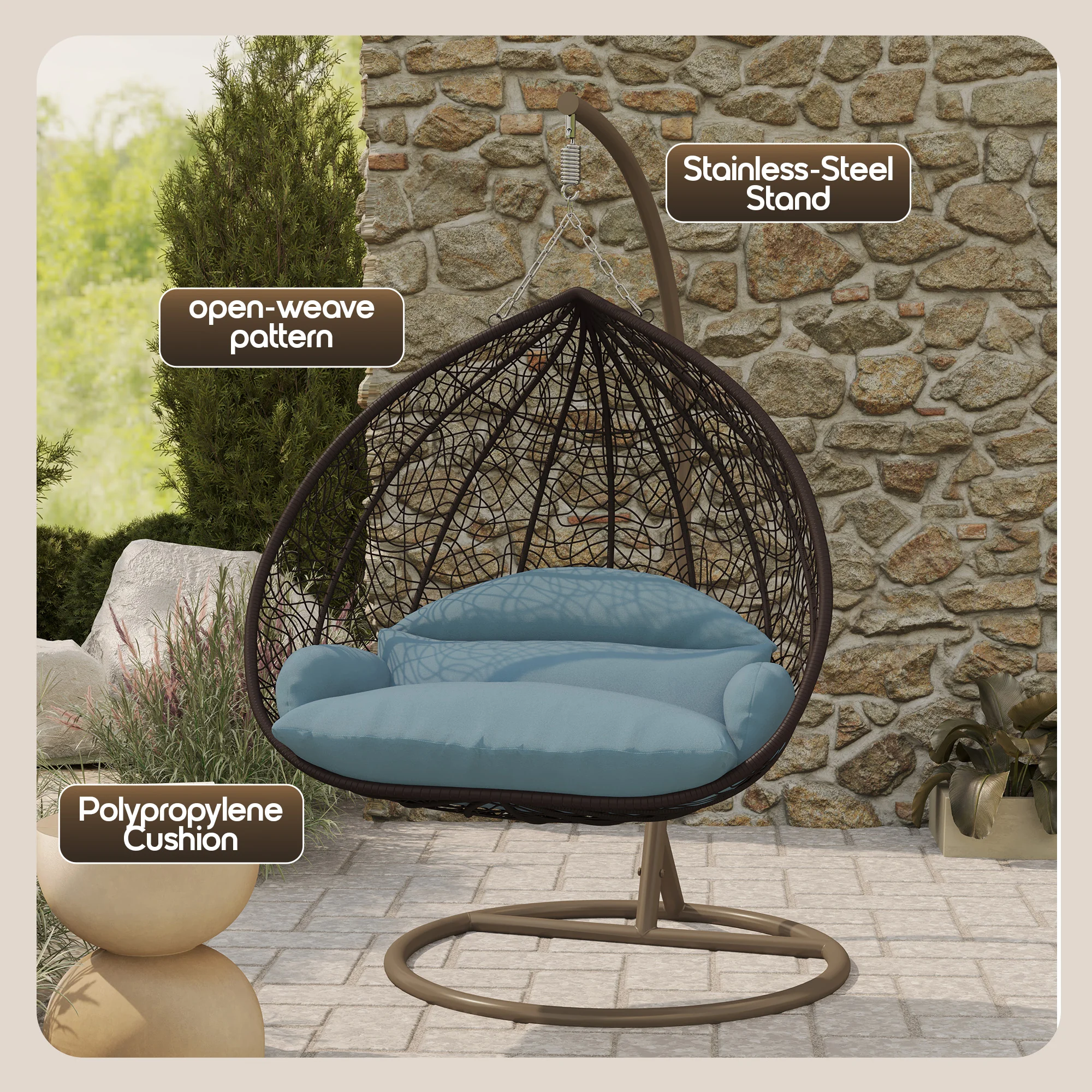 Recluse Collection Modern Outdoor Swing Chair Brown Frame with ES57 Charcoal Blue Cushion