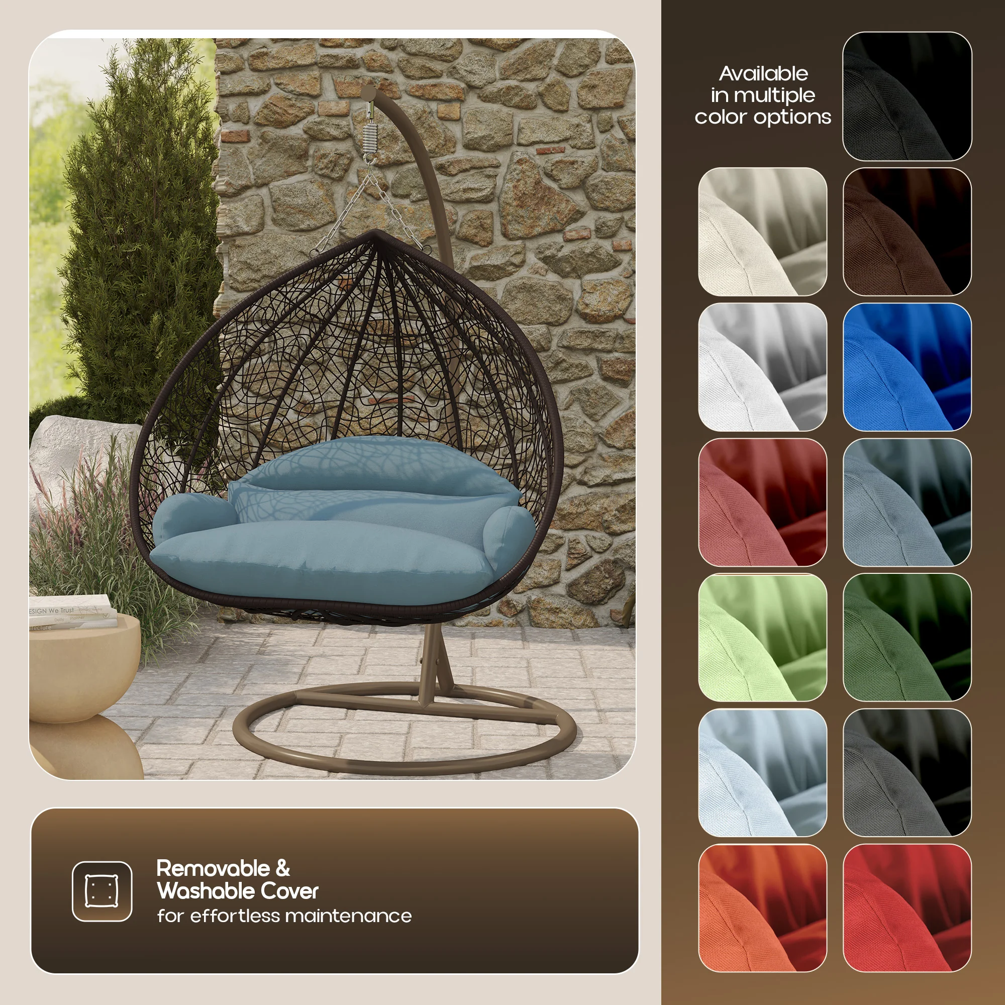 Recluse Collection Modern Outdoor Swing Chair Brown Frame with ES57 Charcoal Blue Cushion