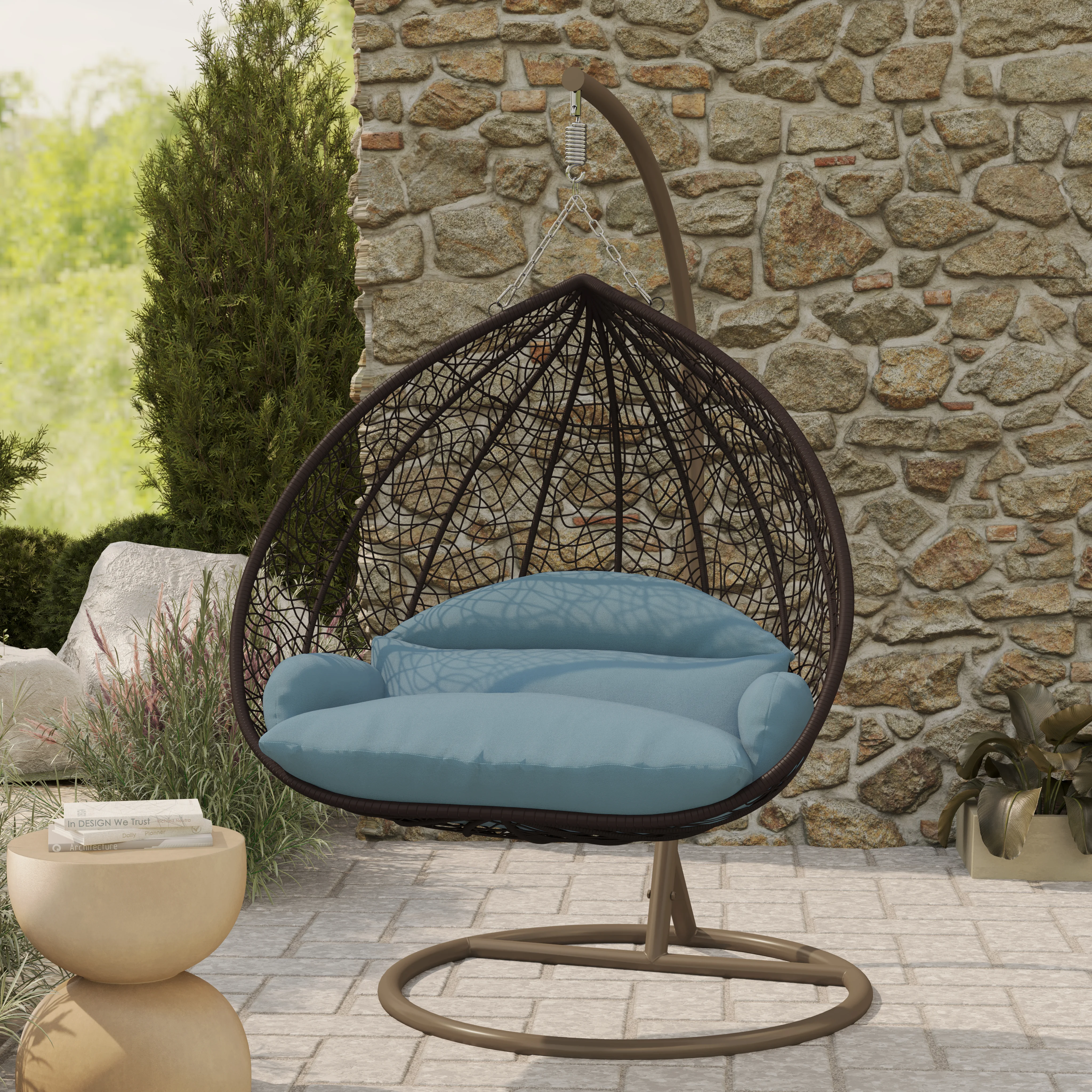 Recluse Collection Modern Outdoor Swing Chair Brown Frame with ES57 Charcoal Blue Cushion