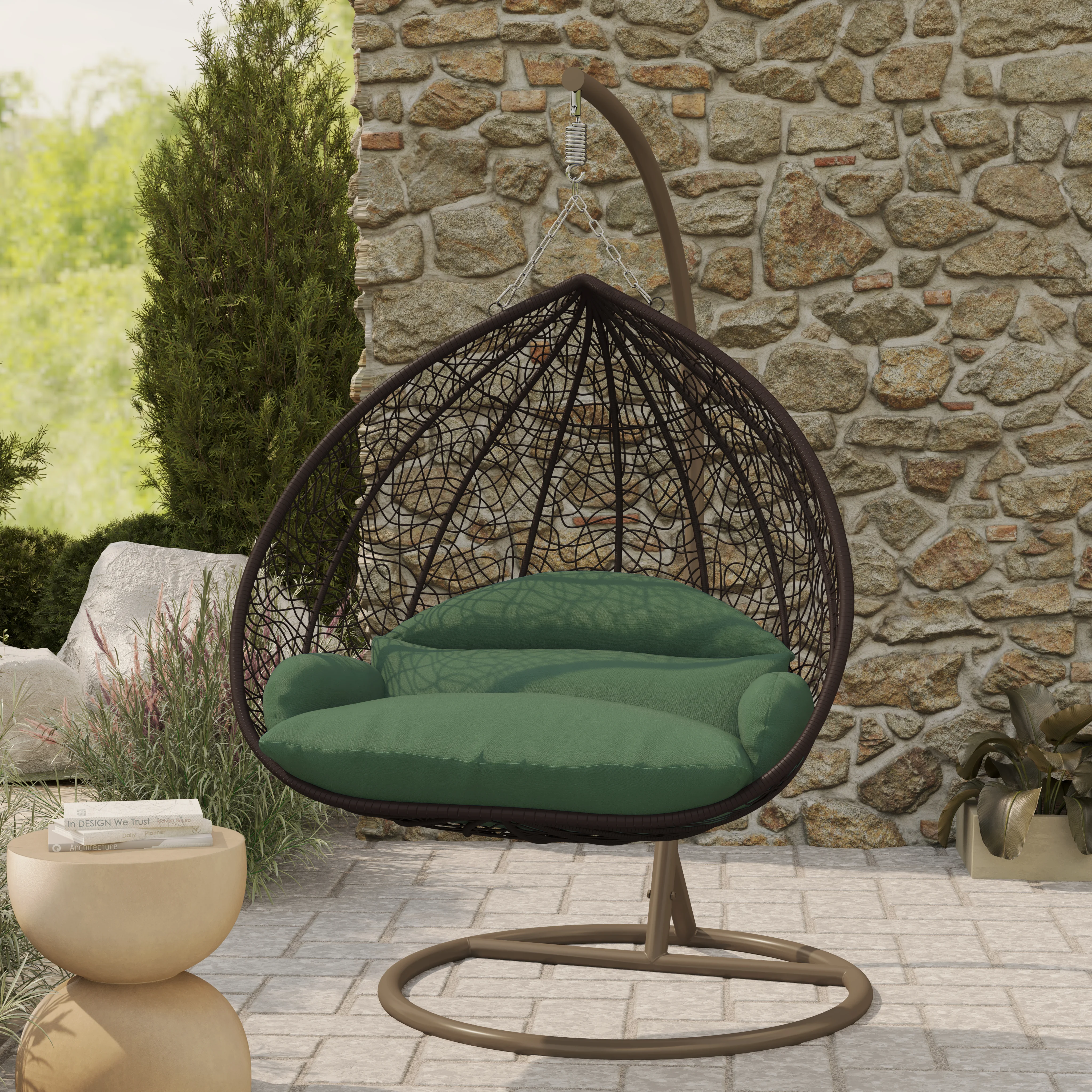 Recluse Collection Modern Outdoor Swing Chair Brown Frame with ES57 Dark Green Cushion