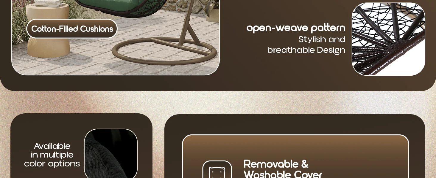 Recluse Collection Modern Outdoor Swing Chair Brown Frame with ES57 Dark Green Cushion