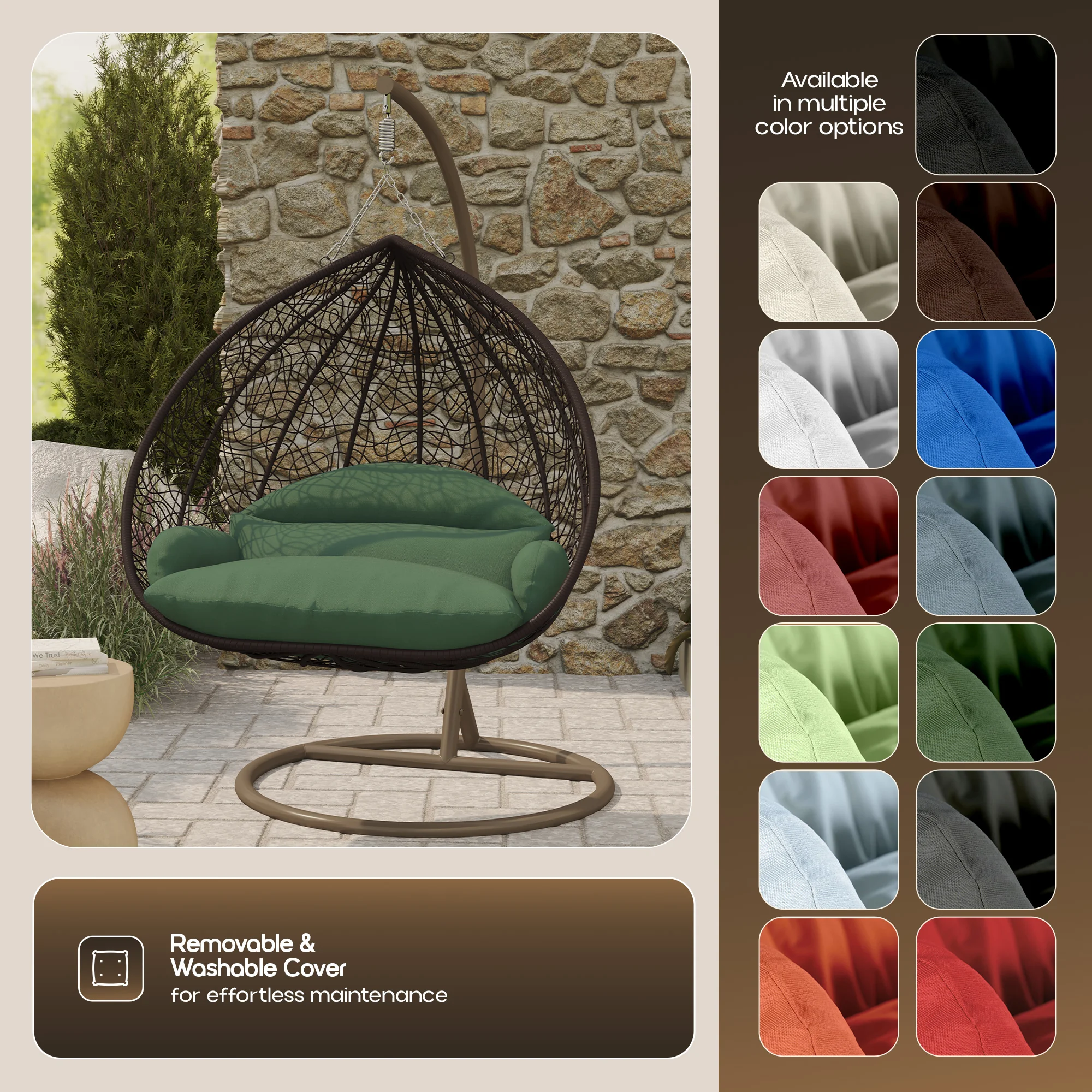 Recluse Collection Modern Outdoor Swing Chair Brown Frame with ES57 Dark Green Cushion