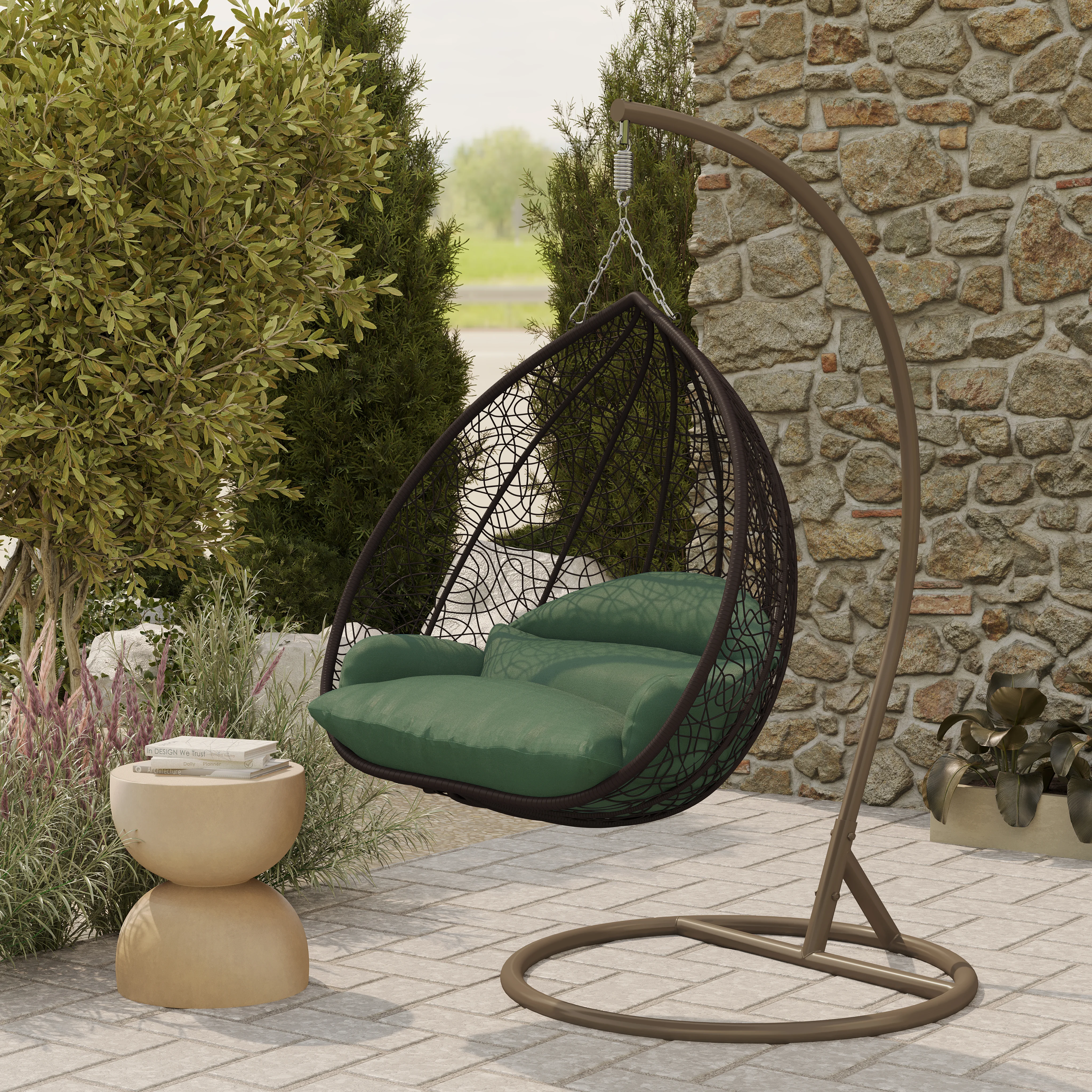 Recluse Collection Modern Outdoor Swing Chair Brown Frame with ES57 Dark Green Cushion