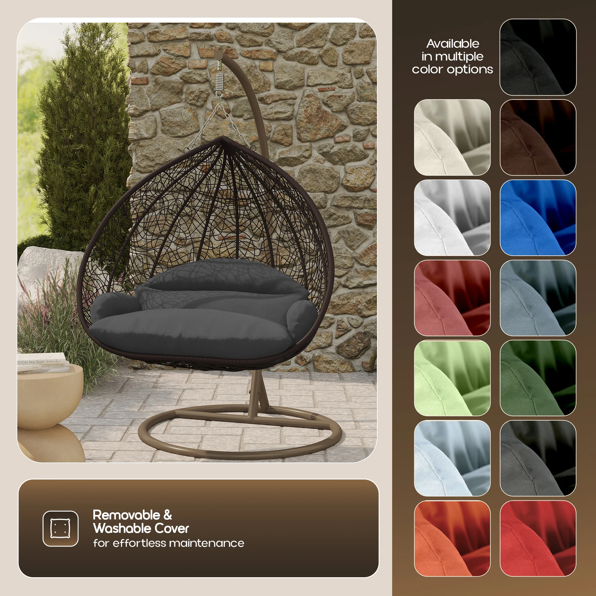 Recluse Collection Modern Outdoor Swing Chair Brown Frame with ES57 Dark Grey Cushion