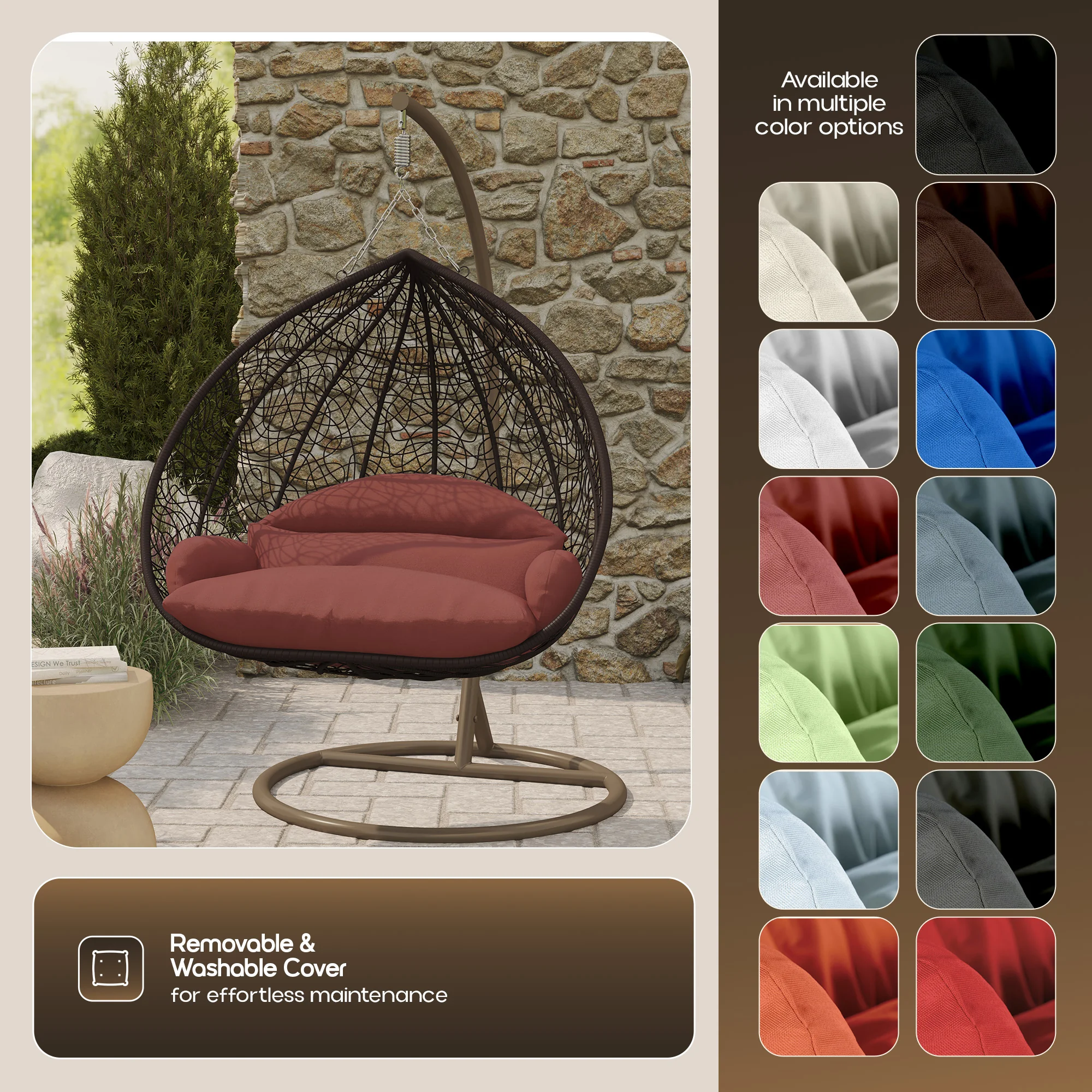 Recluse Collection Modern Outdoor Swing Chair Brown Frame with ES57 Dark Orange Cushion