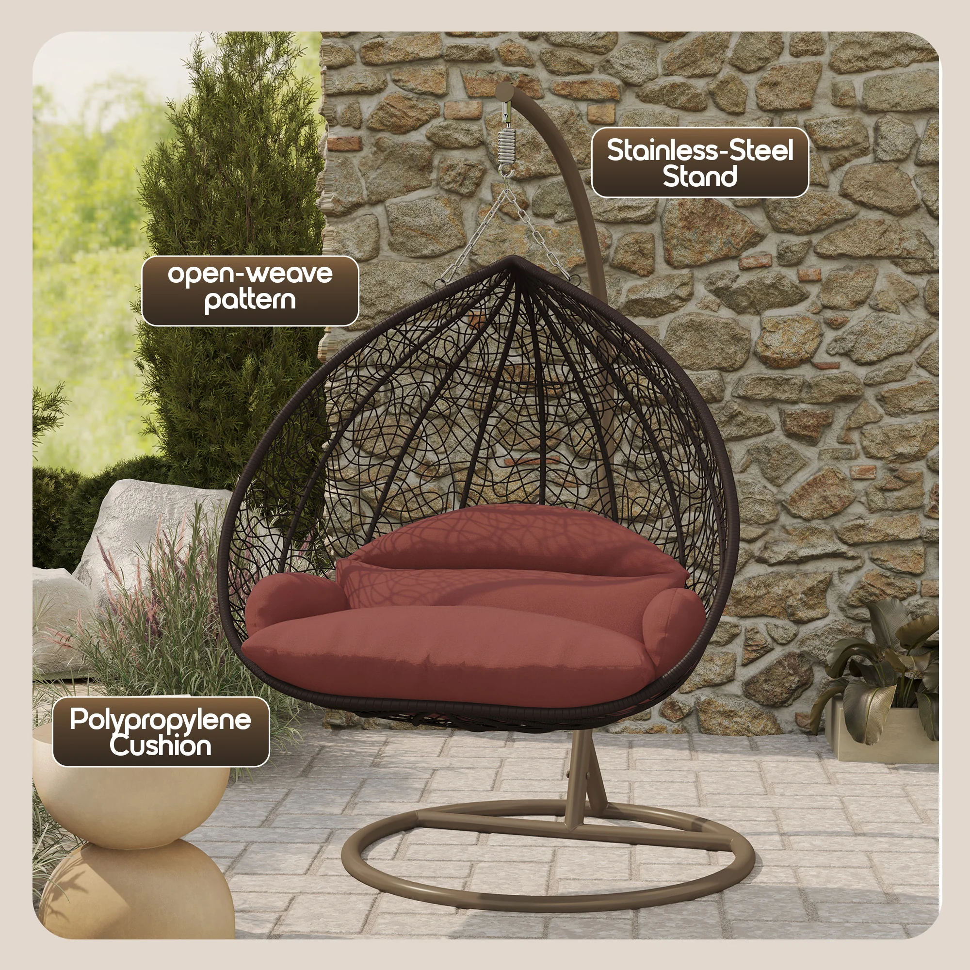 Recluse Collection Modern Outdoor Swing Chair Brown Frame with ES57 Dark Orange Cushion