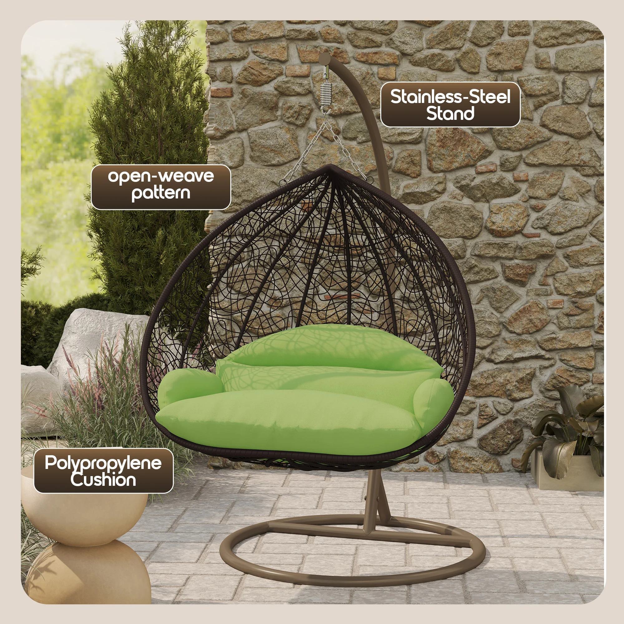 Recluse Collection Modern Outdoor Swing Chair Brown Frame with ES57 Light Green Cushion