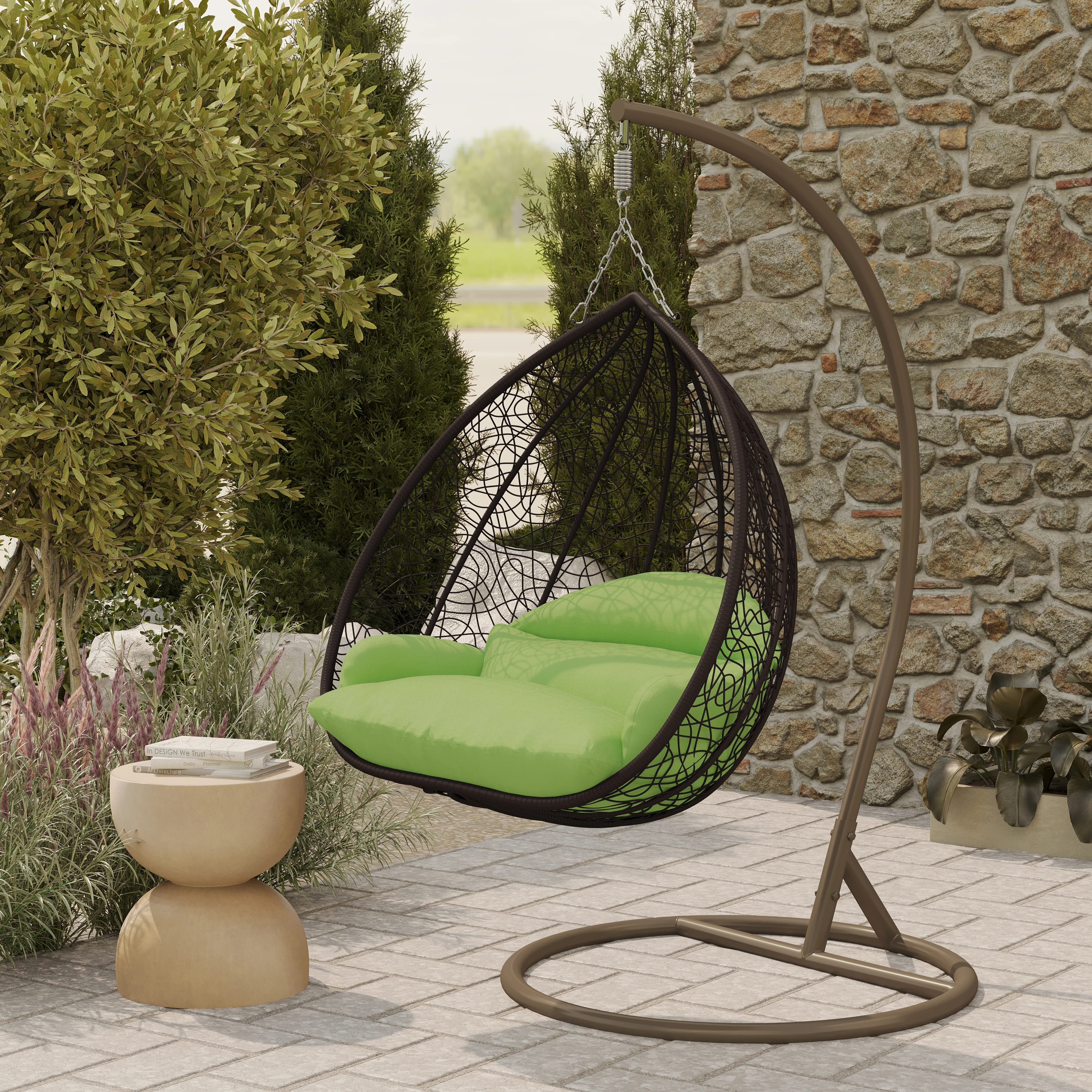 Recluse Collection Modern Outdoor Swing Chair Brown Frame with ES57 Light Green Cushion