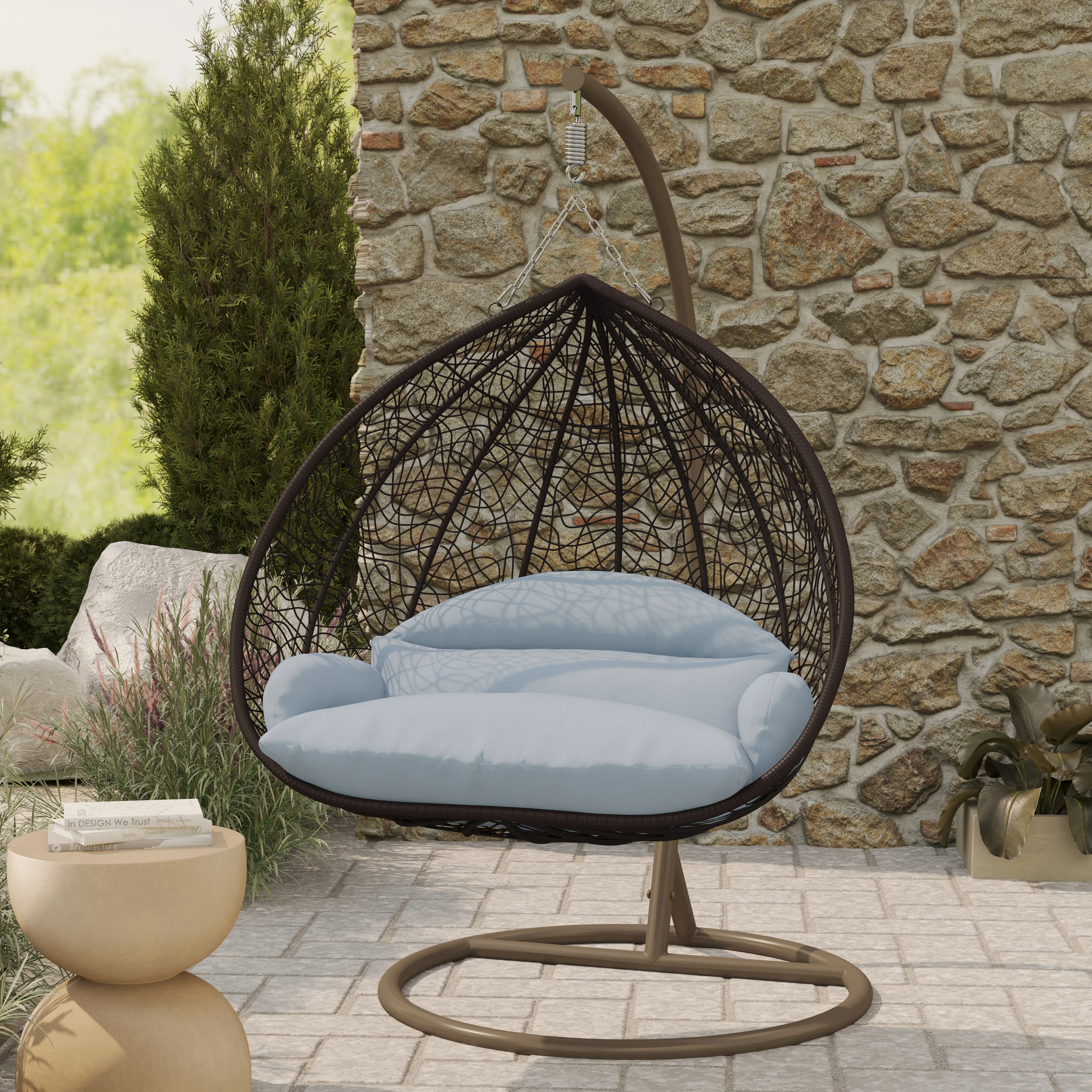 Recluse Collection Modern Outdoor Swing Chair Brown Frame with ES57 Light Grey Cushion