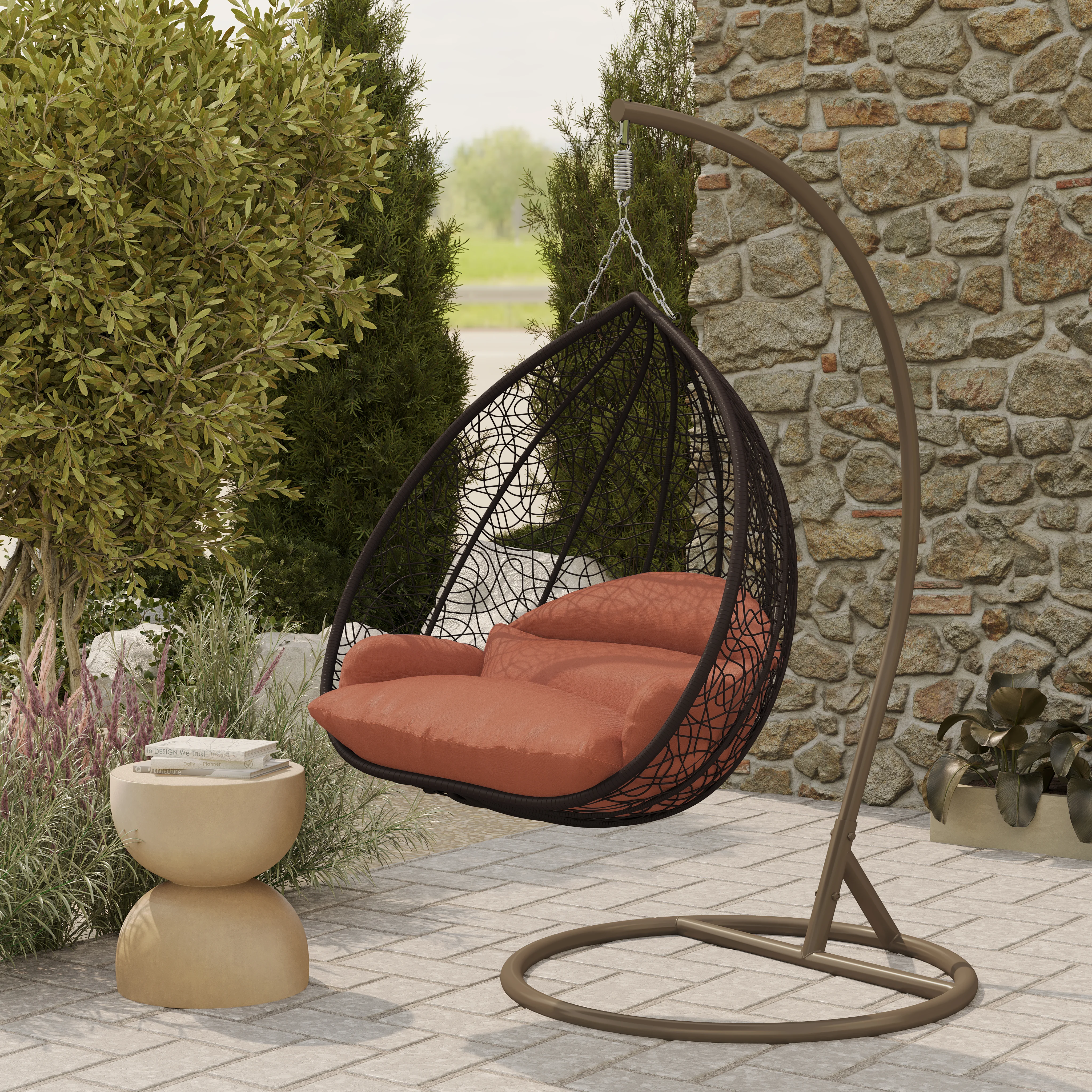 Recluse Collection Modern Outdoor Swing Chair Brown Frame with ES57 Orange Cushion