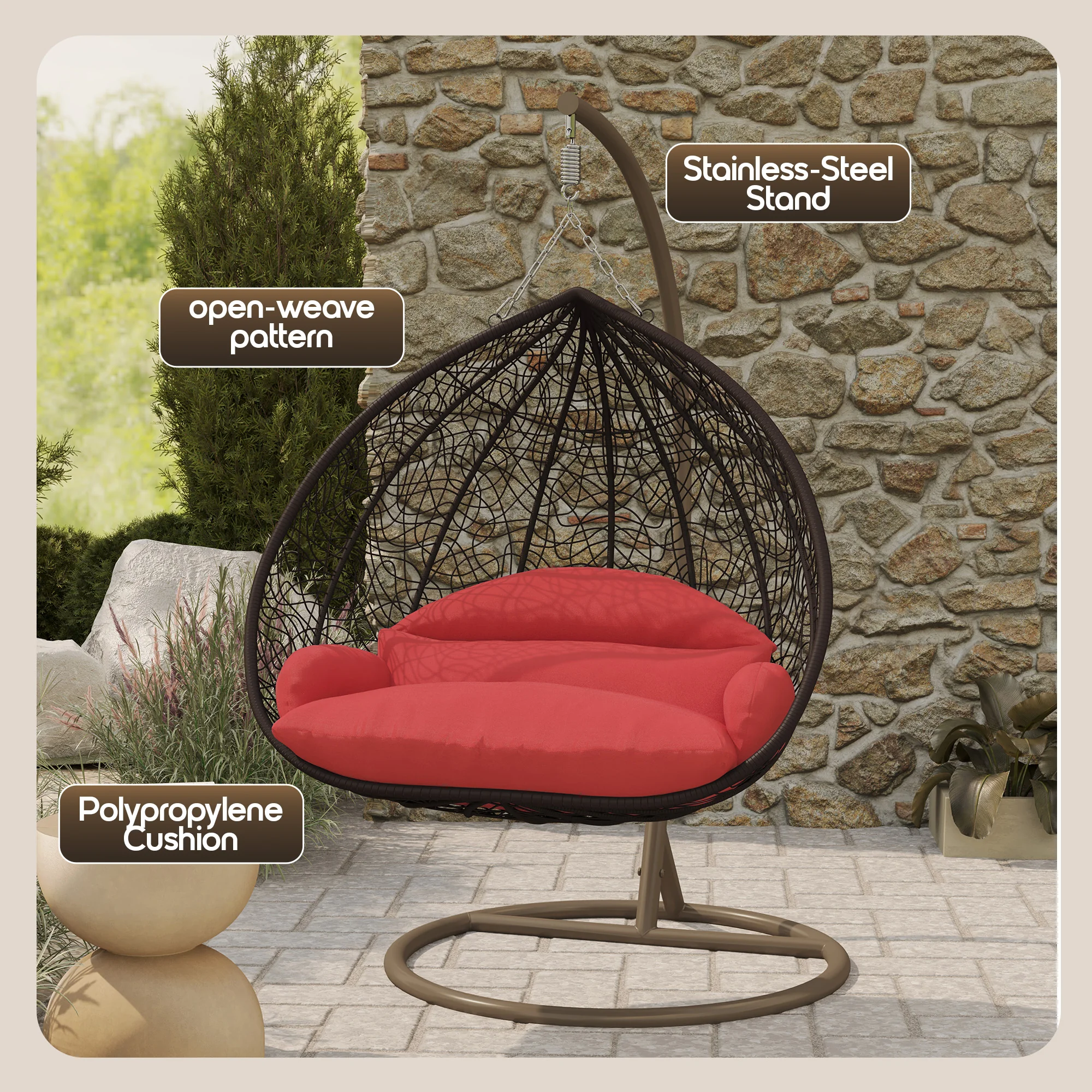 Recluse Collection Modern Outdoor Swing Chair Brown Frame with ES57 Red Cushion