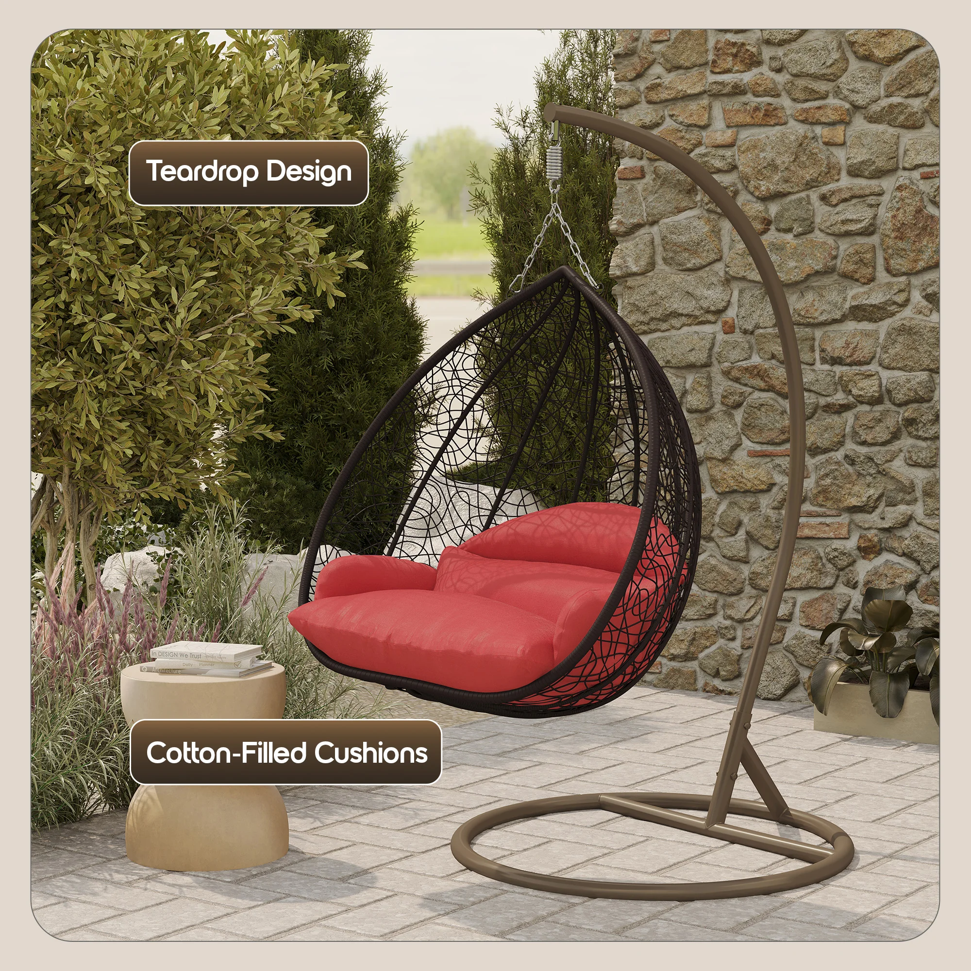 Recluse Collection Modern Outdoor Swing Chair Brown Frame with ES57 Red Cushion