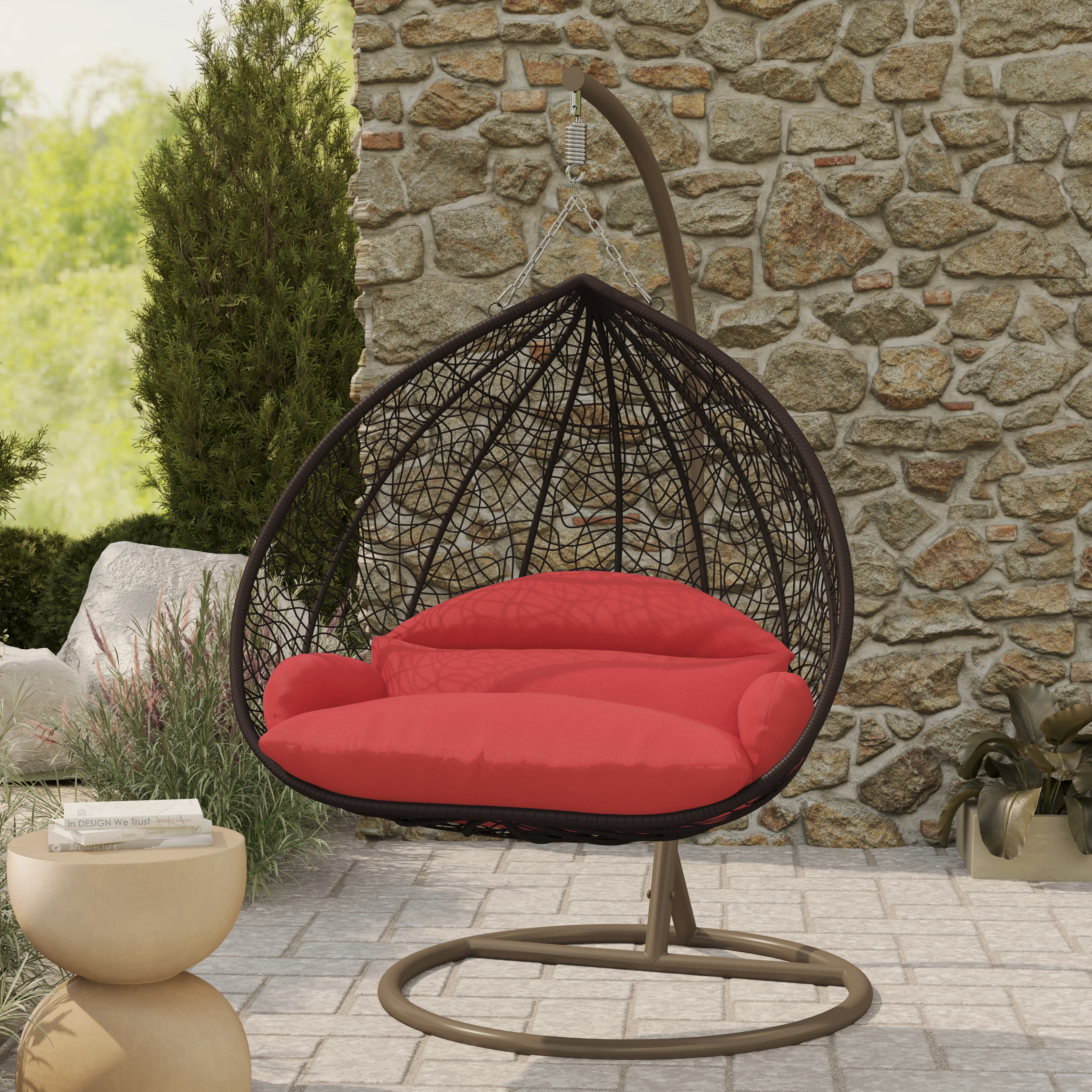 Recluse Collection Modern Outdoor Swing Chair Brown Frame with ES57 Red Cushion