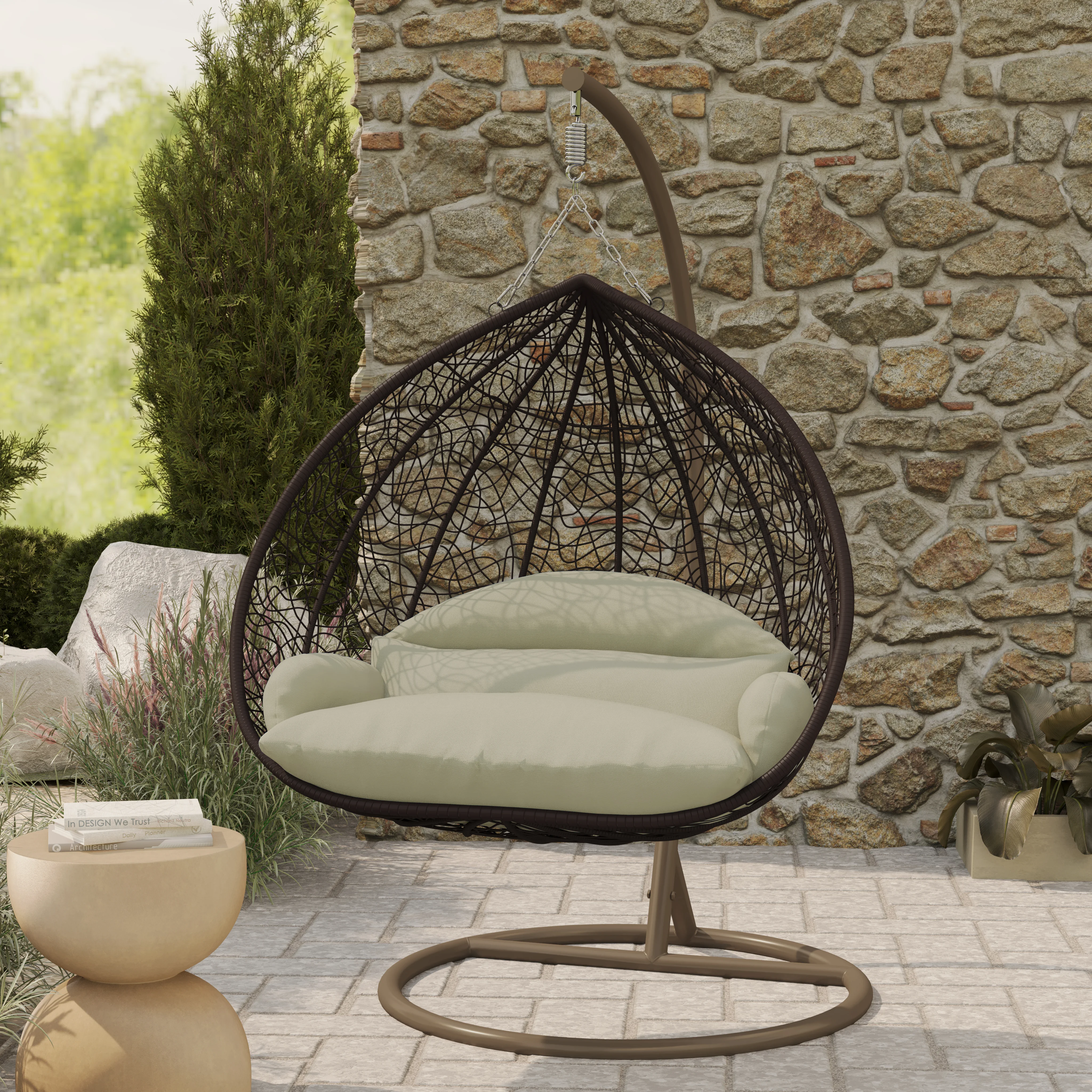 Recluse Collection Modern Outdoor Swing Chair Brown Frame with ES57 Taupe Cushion