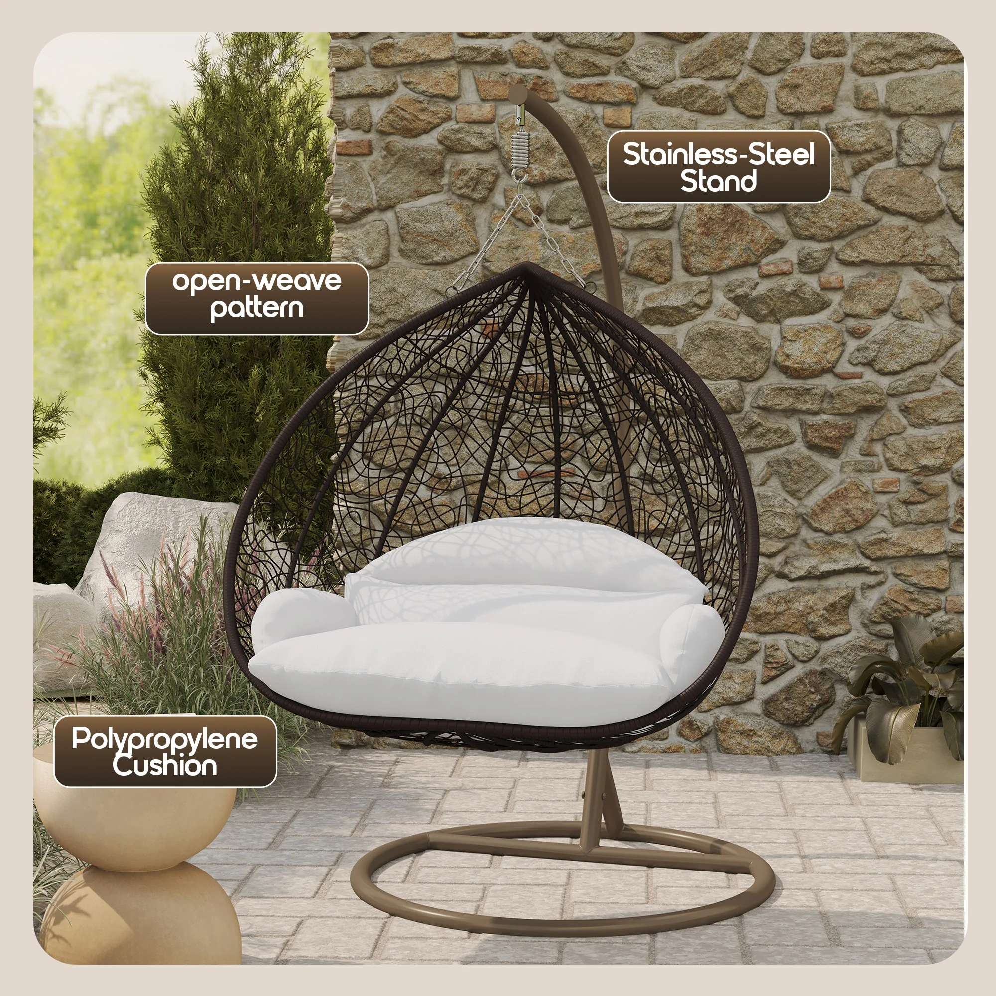 Recluse Collection Modern Outdoor Swing Chair Brown Frame with ES57 White Cushion