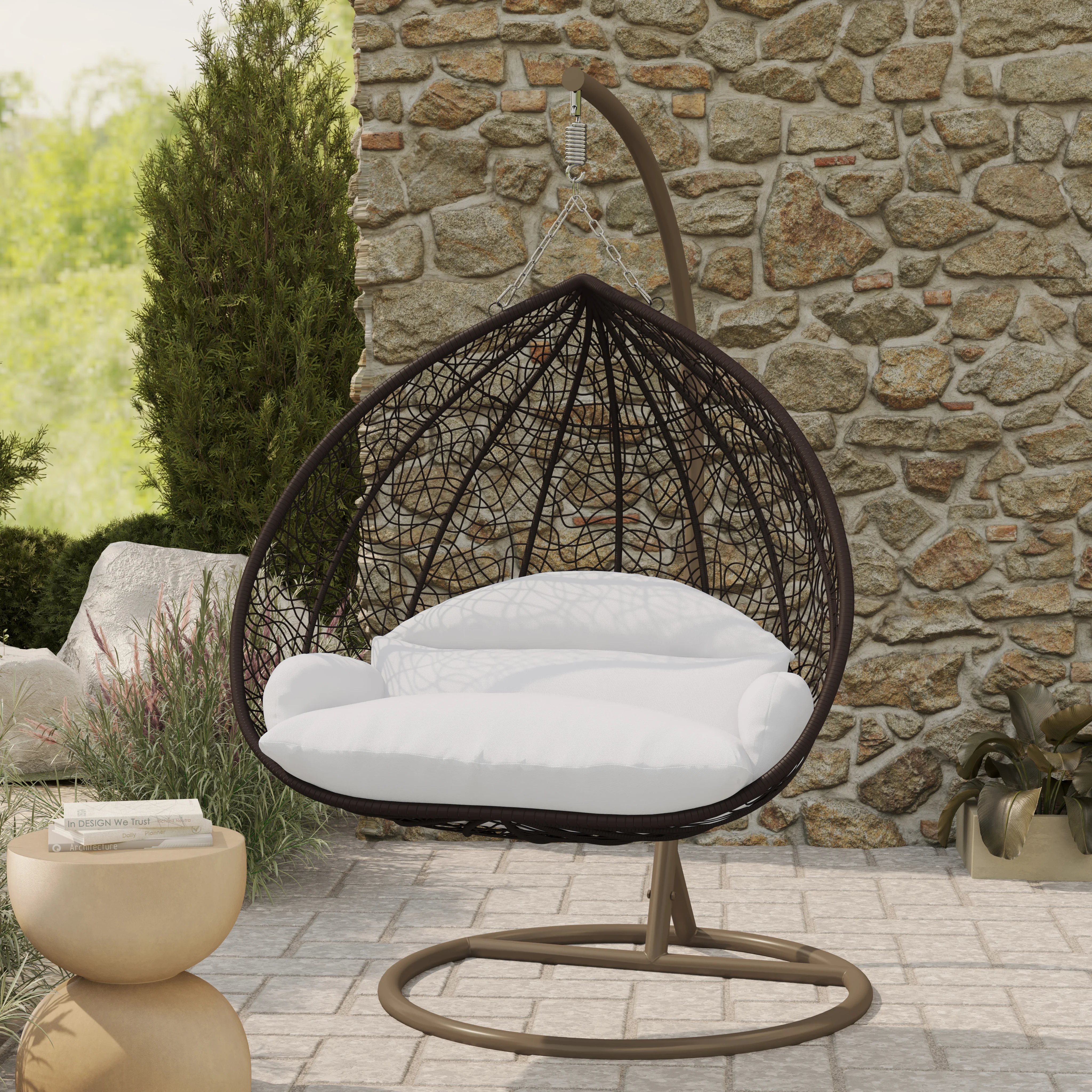 Recluse Collection Modern Outdoor Swing Chair Brown Frame with ES57 White Cushion