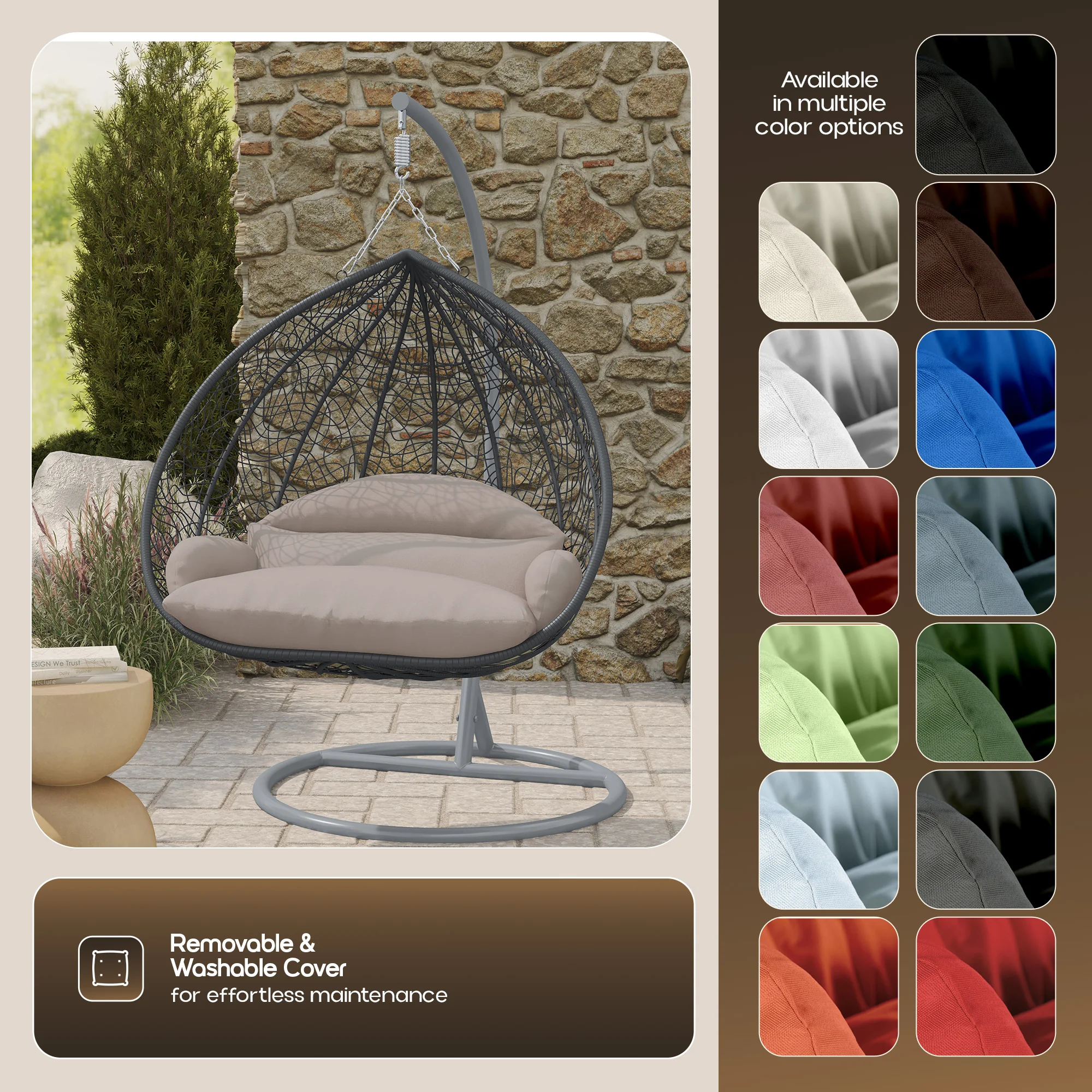Recluse Collection Modern Outdoor Swing Chair Grey Frame with ES57 Beige Cushion
