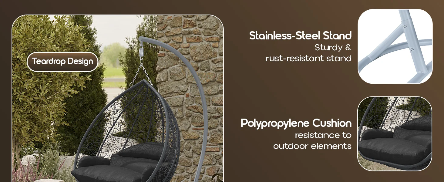 Recluse Collection Modern Outdoor Swing Chair Grey Frame with ES57 Black Cushion