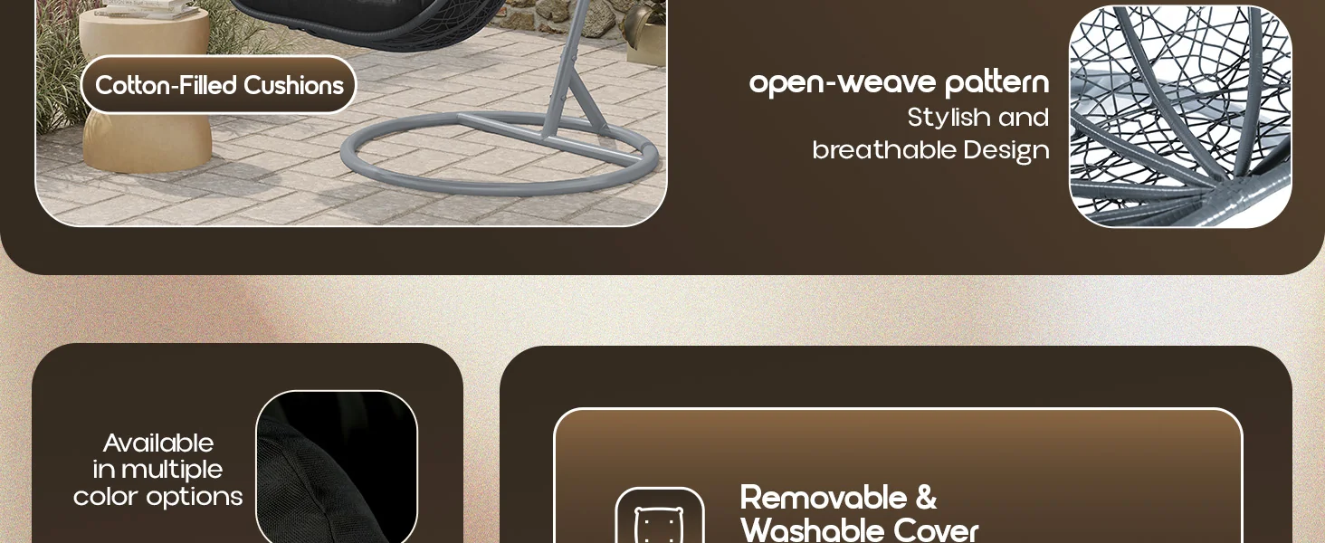 Recluse Collection Modern Outdoor Swing Chair Grey Frame with ES57 Black Cushion