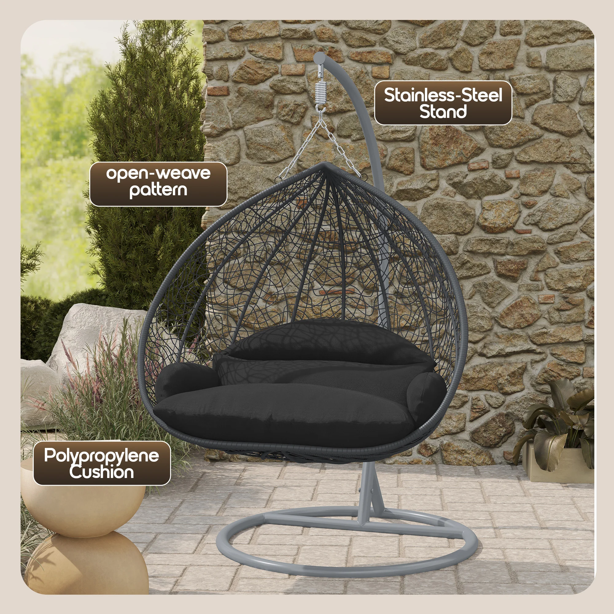 Recluse Collection Modern Outdoor Swing Chair Grey Frame with ES57 Black Cushion