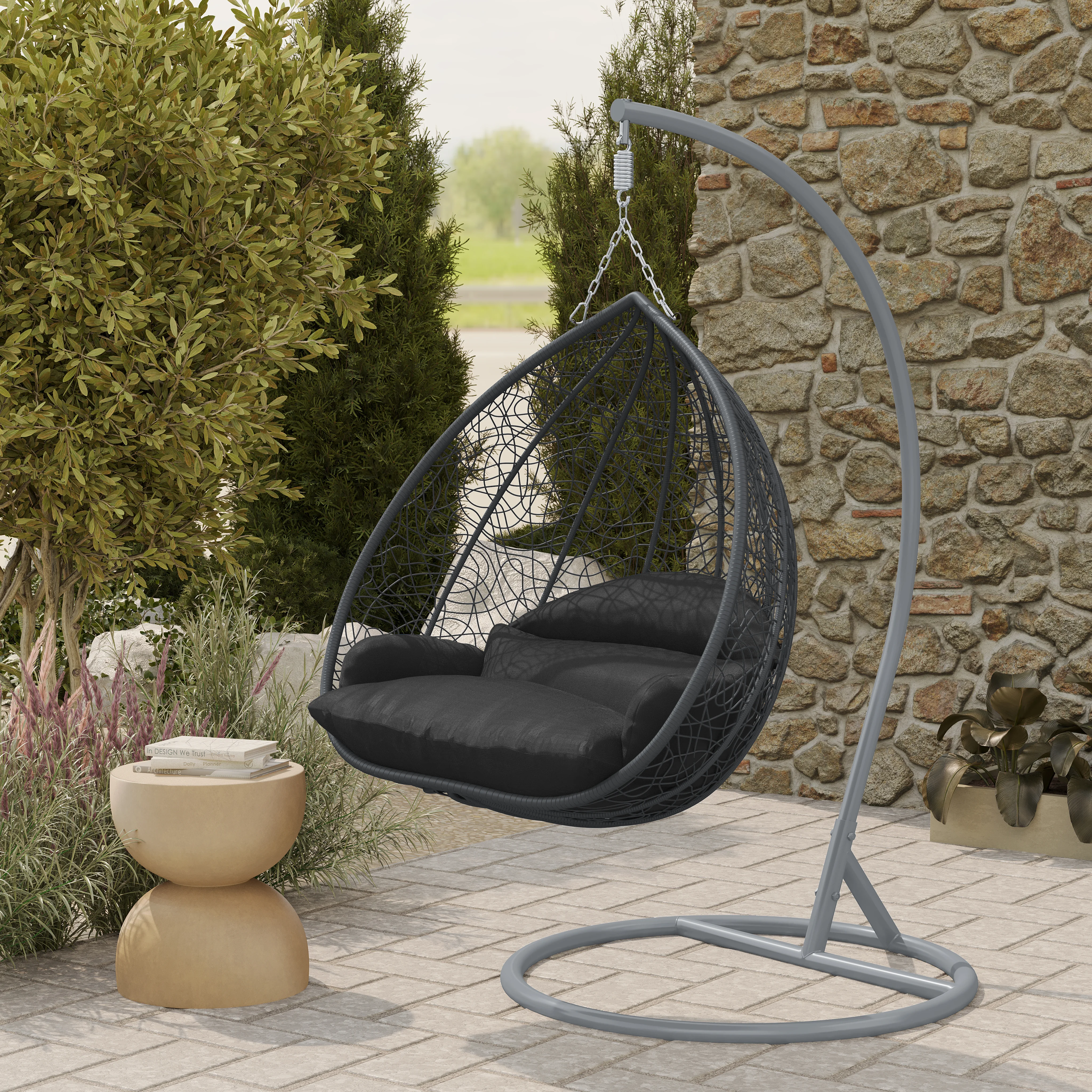 Recluse Collection Modern Outdoor Swing Chair Grey Frame with ES57 Black Cushion