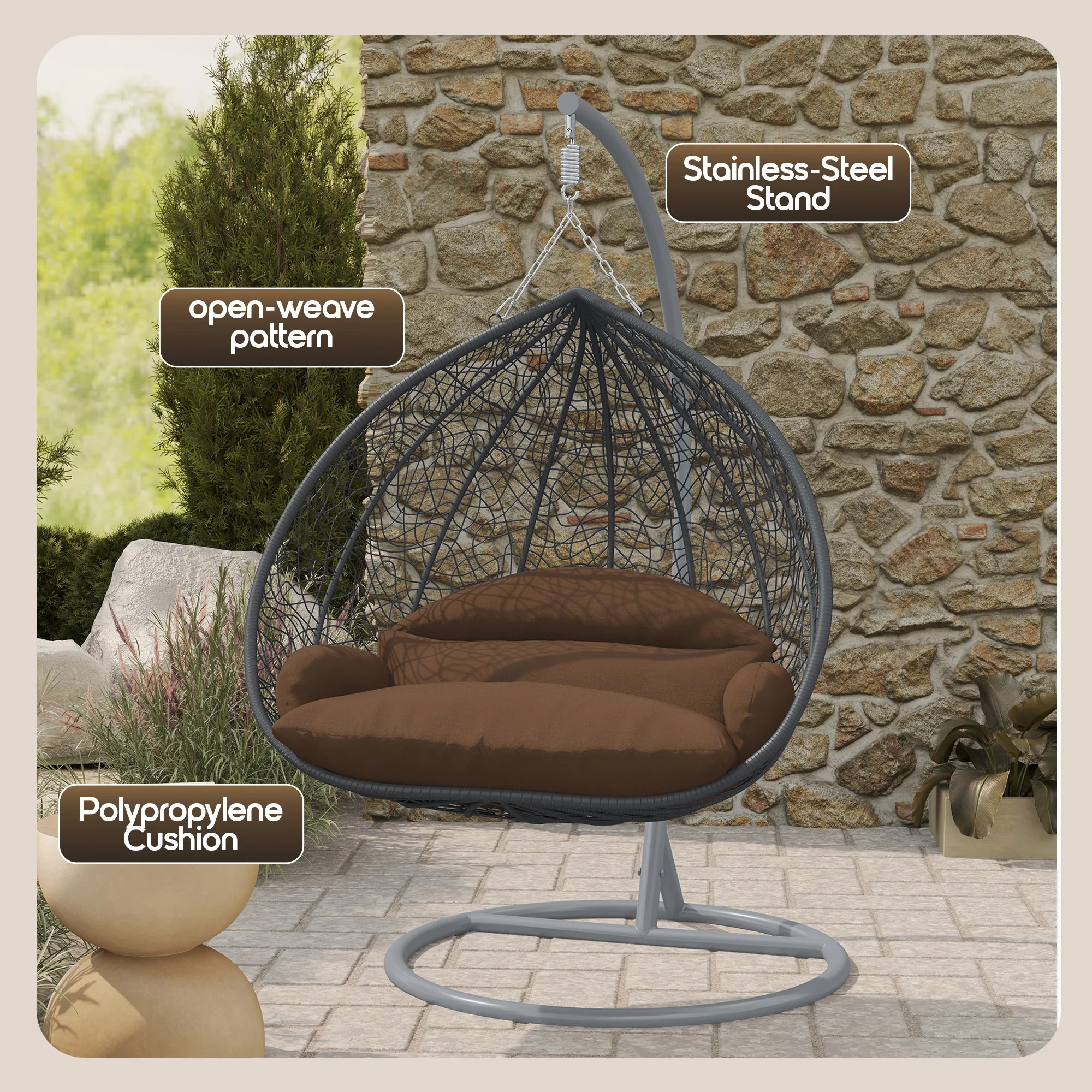 Recluse Collection Modern Outdoor Swing Chair Grey Frame with ES57 Brown Cushion