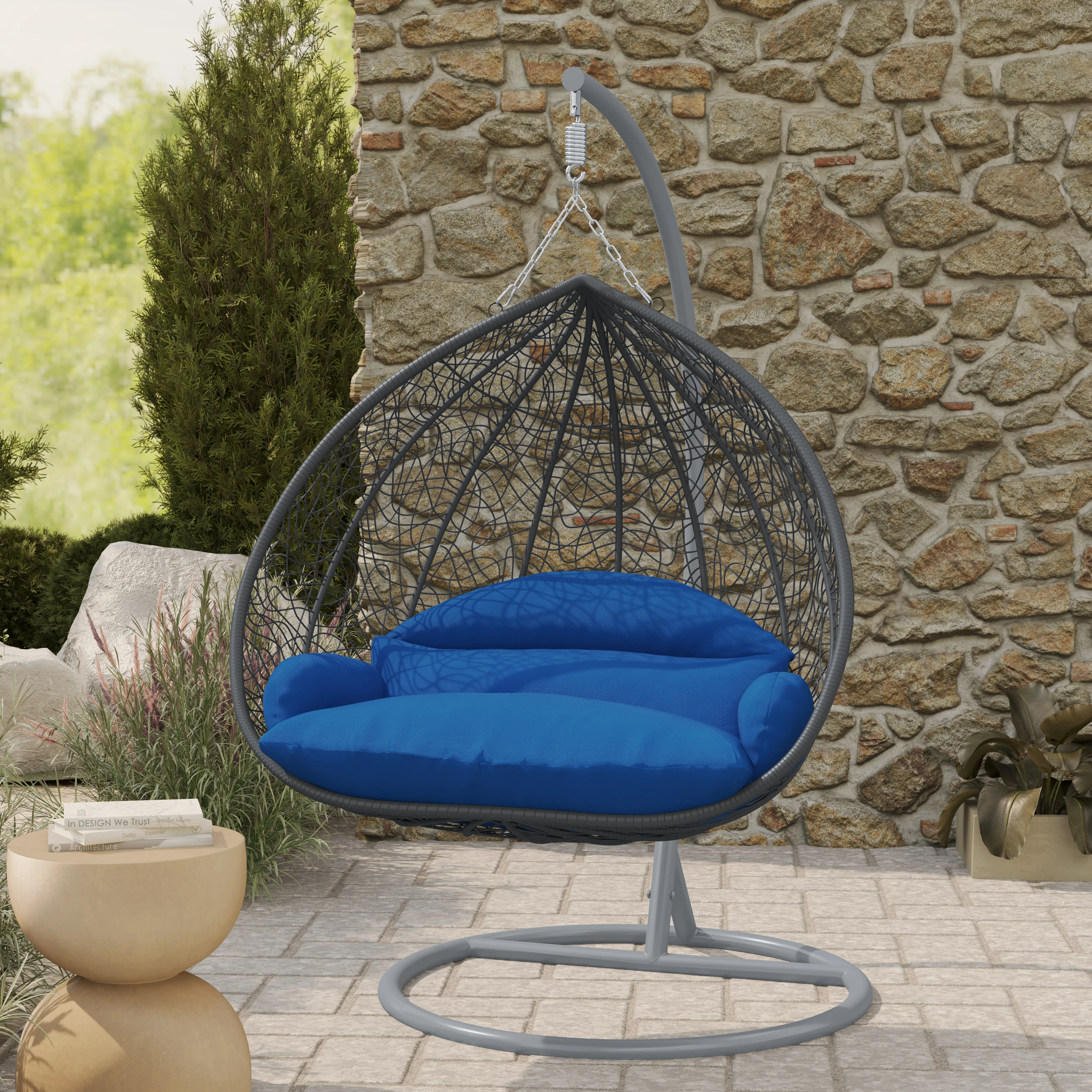 Recluse Collection Modern Outdoor Swing Chair Grey Frame with ES57 Blue Cushion