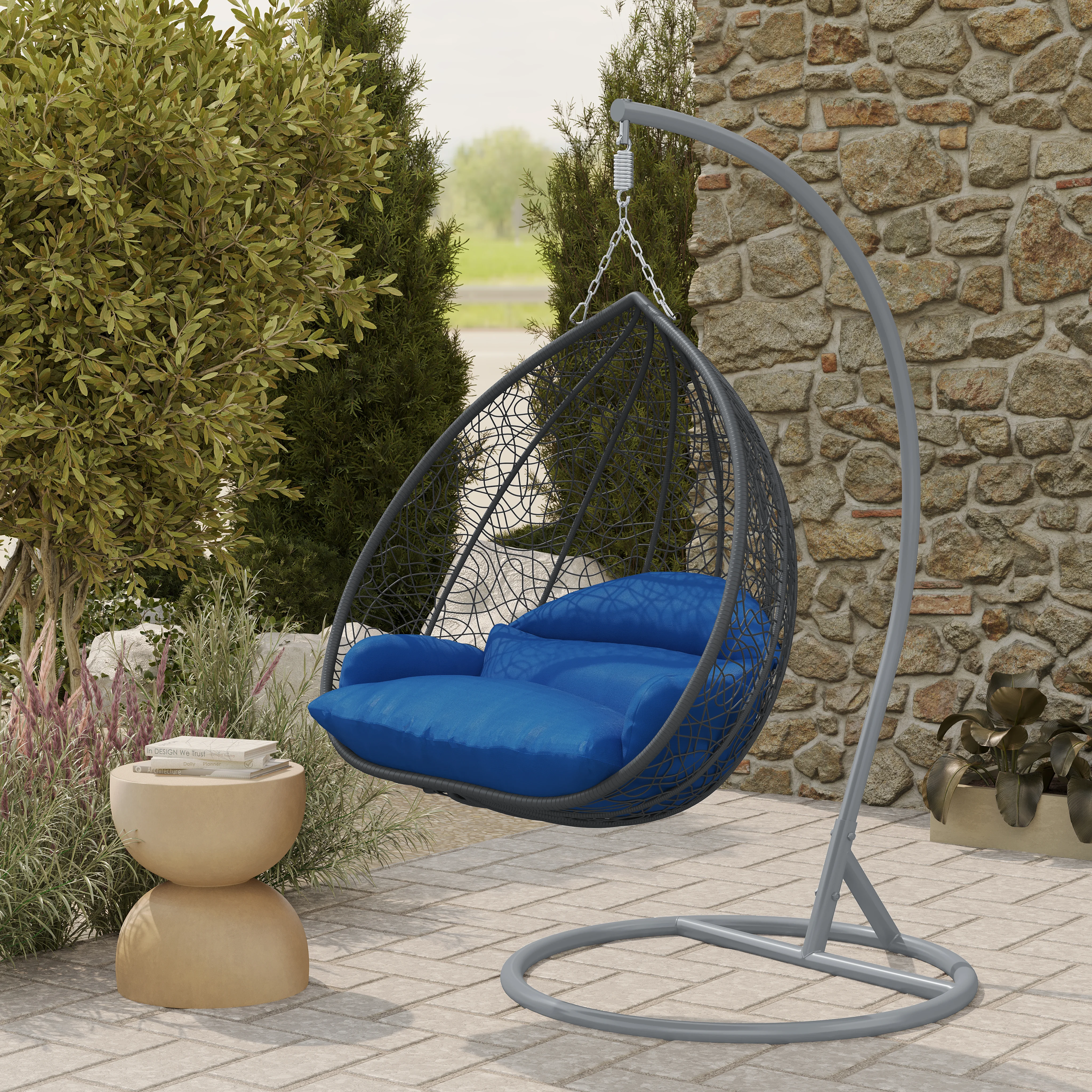 Recluse Collection Modern Outdoor Swing Chair Grey Frame with ES57 Blue Cushion
