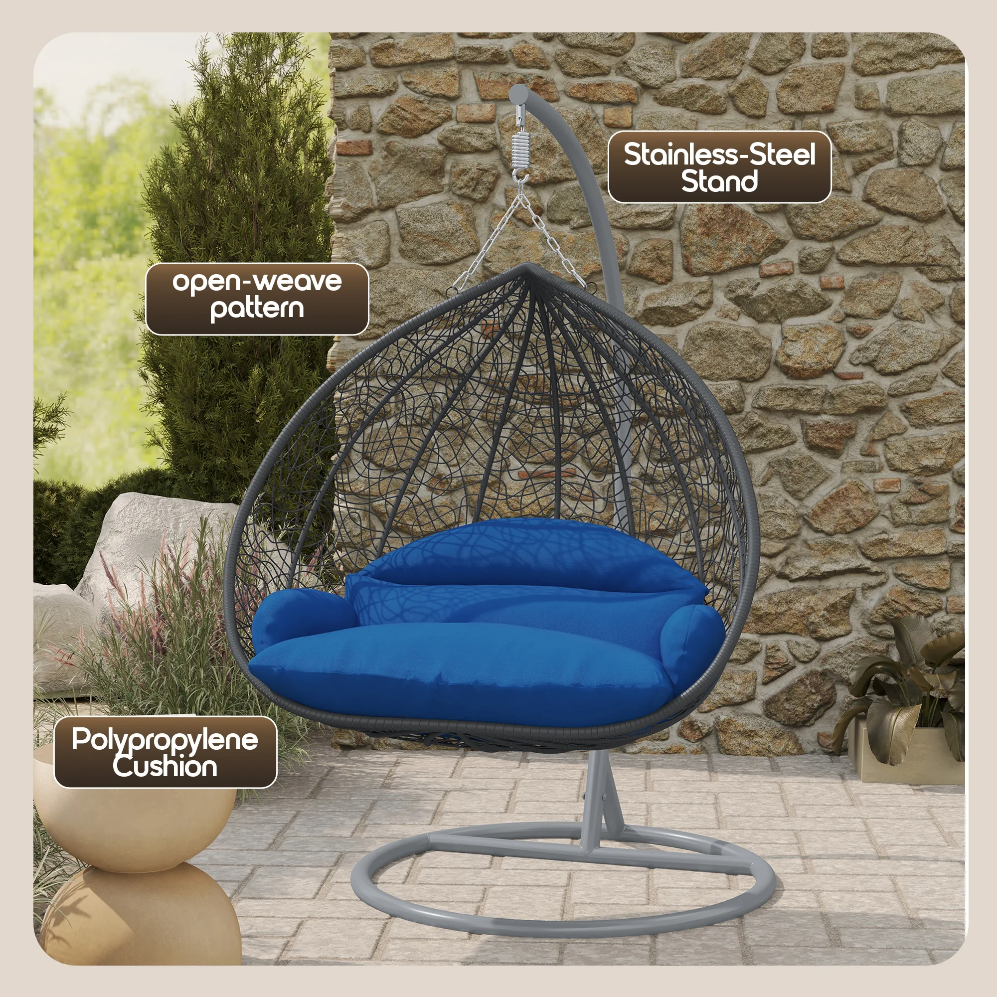 Recluse Collection Modern Outdoor Swing Chair Grey Frame with ES57 Blue Cushion