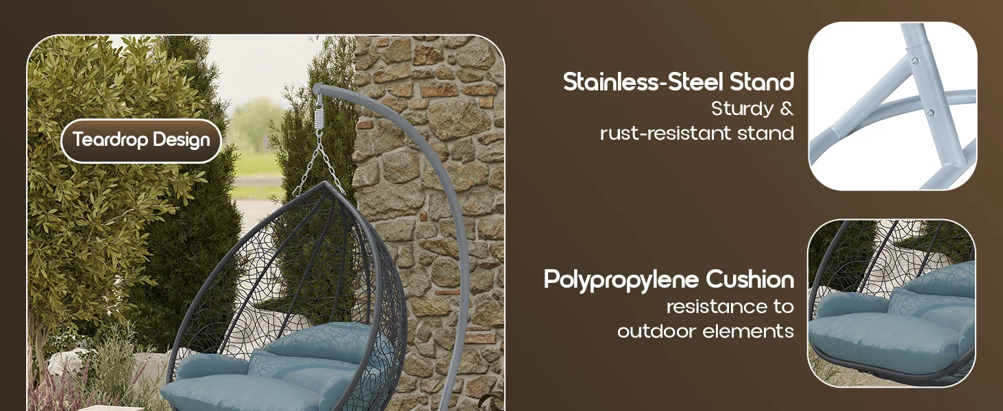 Recluse Collection Modern Outdoor Swing Chair Grey Frame with ES57 Charcoal Blue Cushion