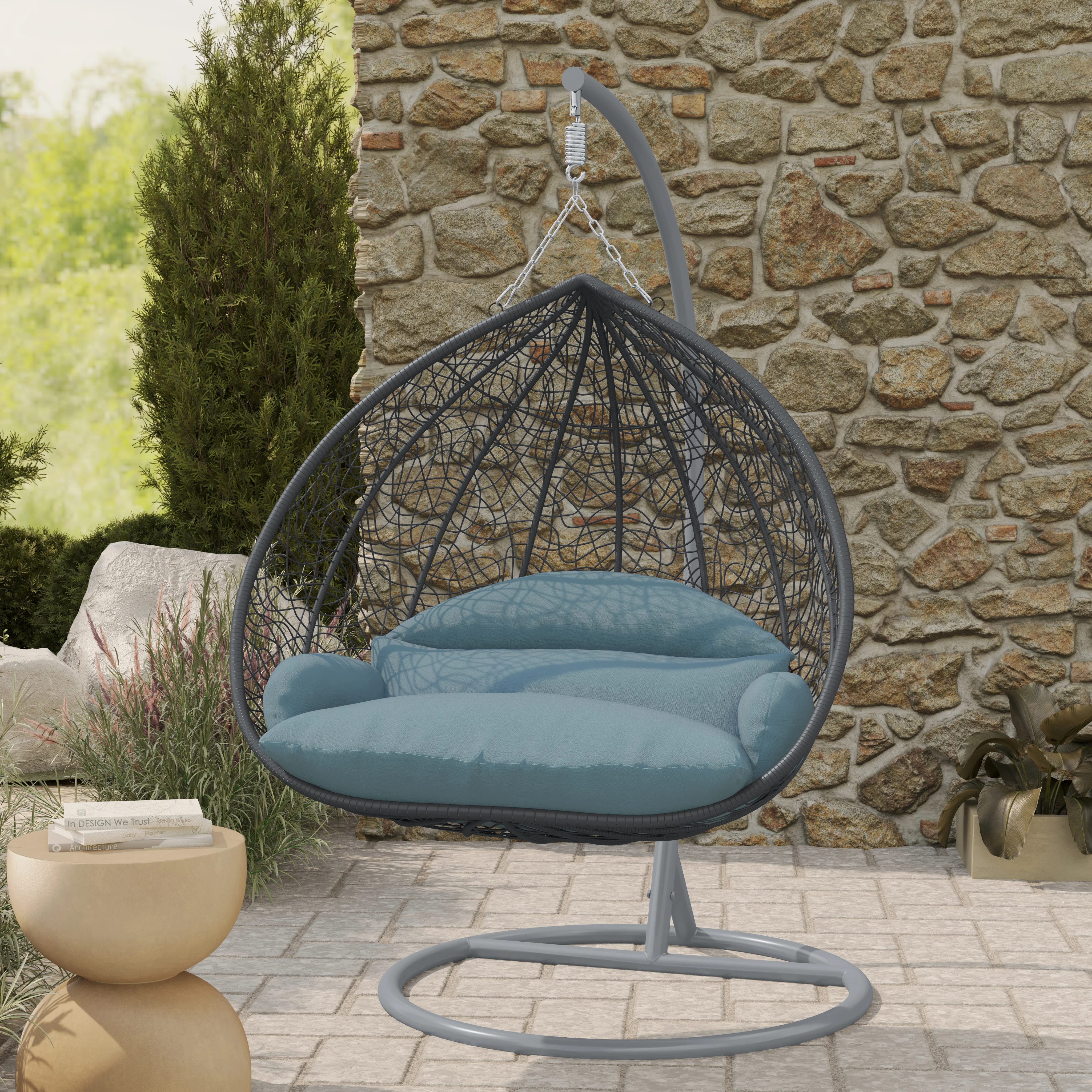 Recluse Collection Modern Outdoor Swing Chair Grey Frame with ES57 Charcoal Blue Cushion