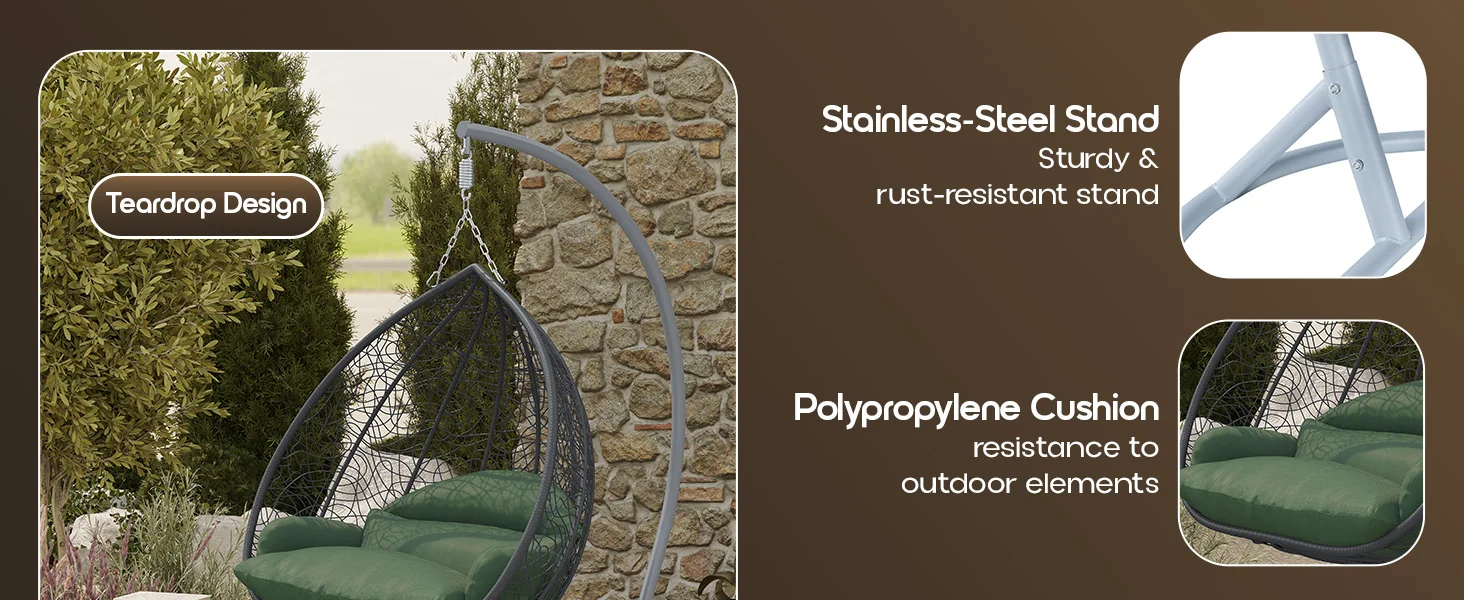 Recluse Collection Modern Outdoor Swing Chair Grey Frame with ES57 Dark Green Cushion