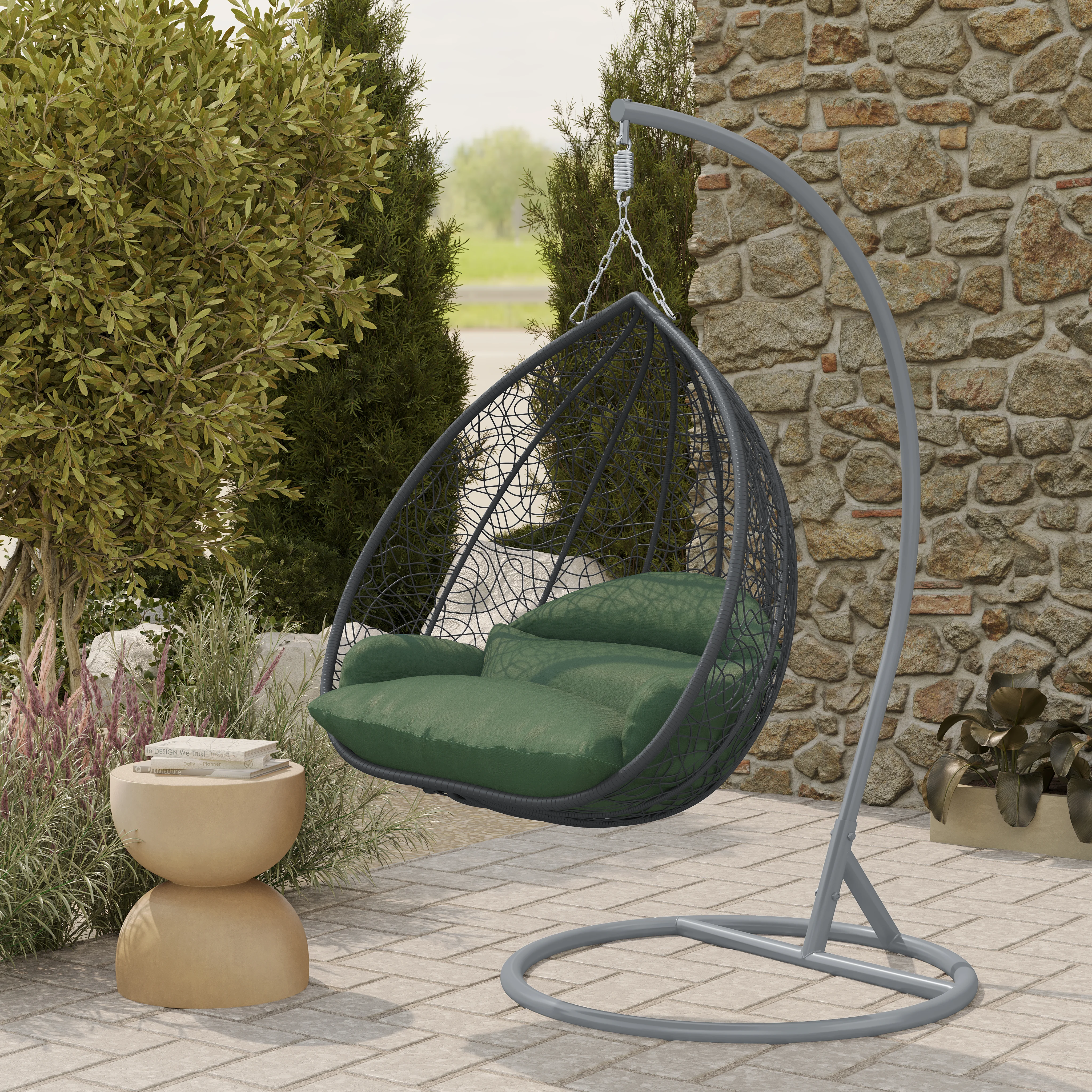 Recluse Collection Modern Outdoor Swing Chair Grey Frame with ES57 Dark Green Cushion