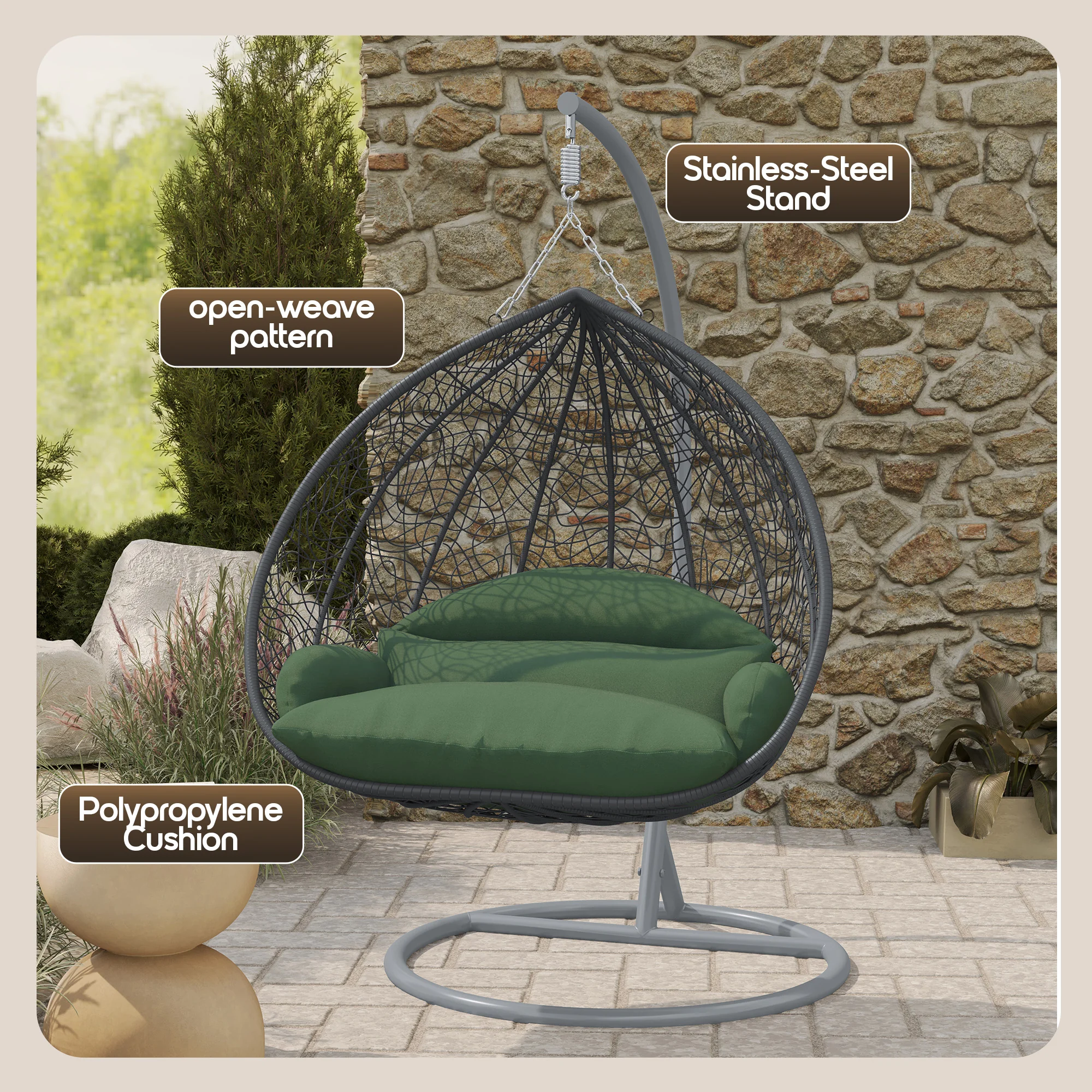 Recluse Collection Modern Outdoor Swing Chair Grey Frame with ES57 Dark Green Cushion