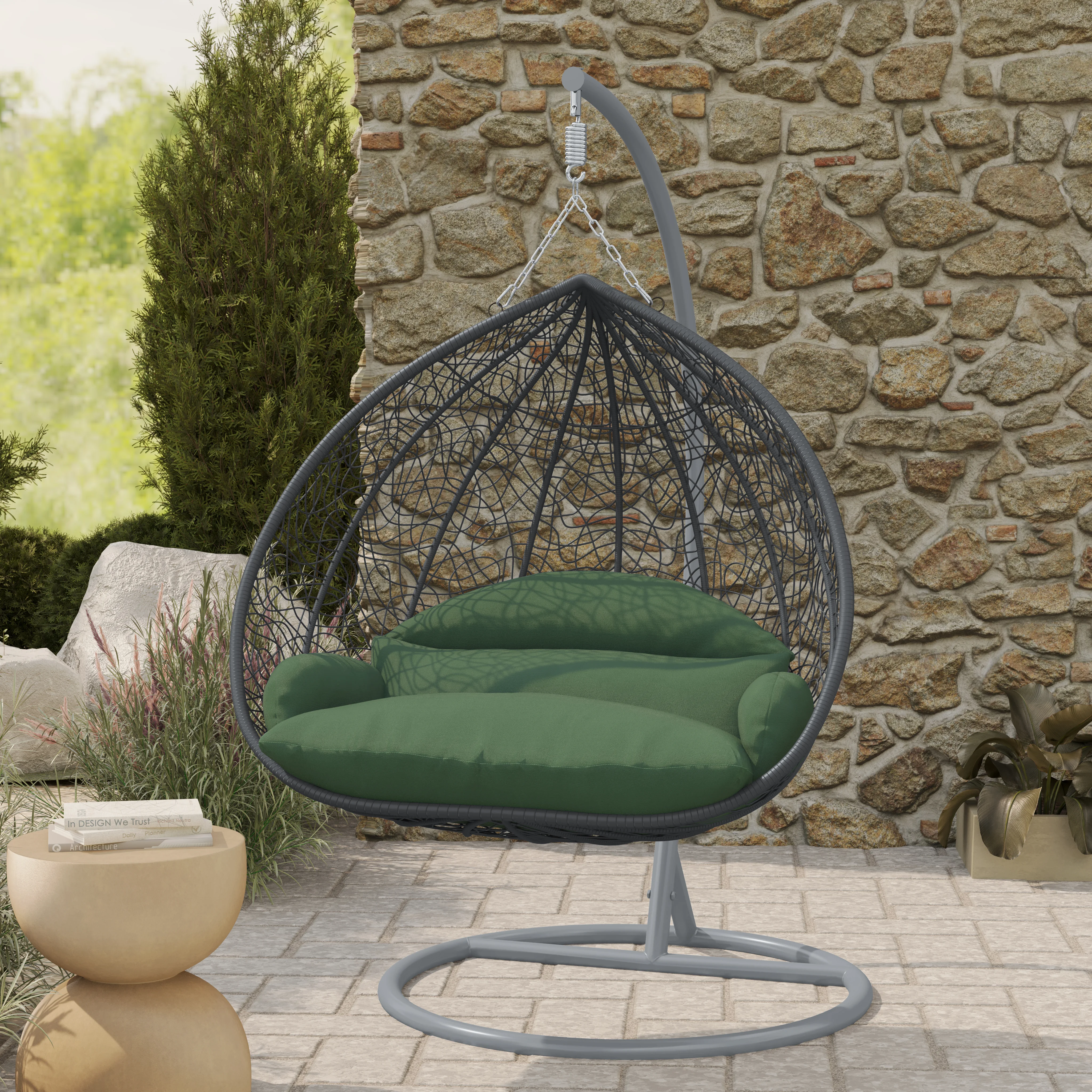 Recluse Collection Modern Outdoor Swing Chair Grey Frame with ES57 Dark Green Cushion