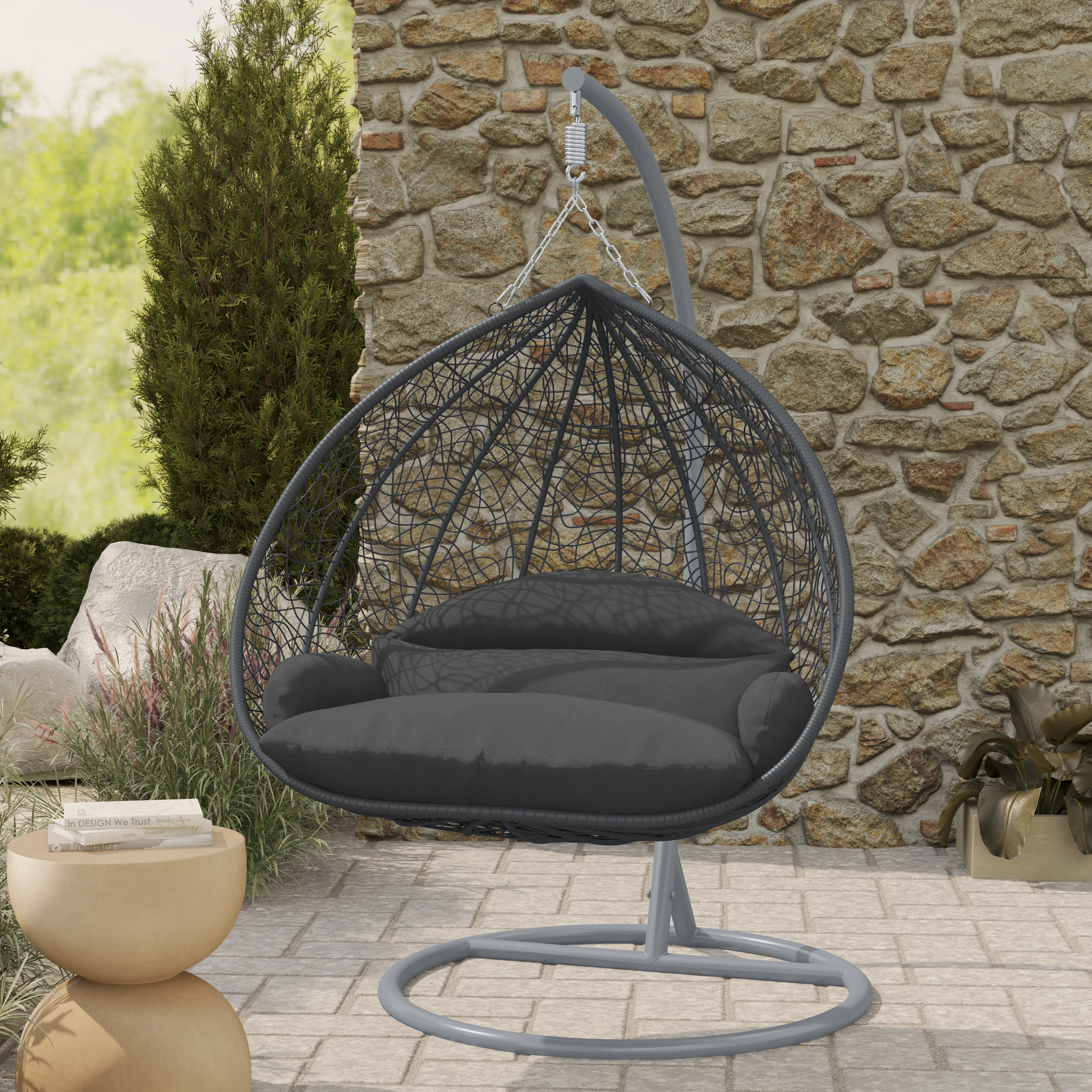 Recluse Collection Modern Outdoor Swing Chair Grey Frame with ES57 Dark Grey Cushion