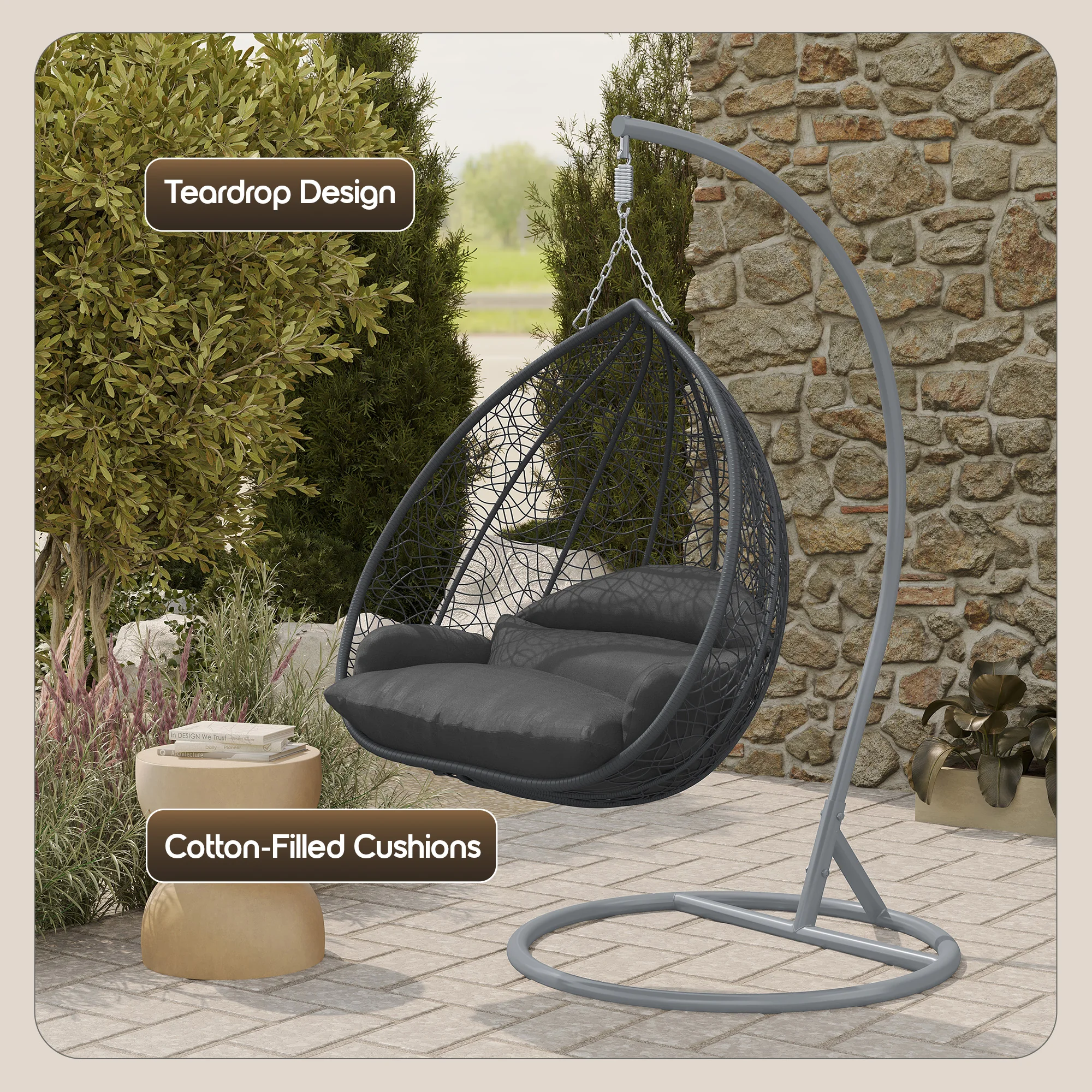 Recluse Collection Modern Outdoor Swing Chair Grey Frame with ES57 Dark Grey Cushion