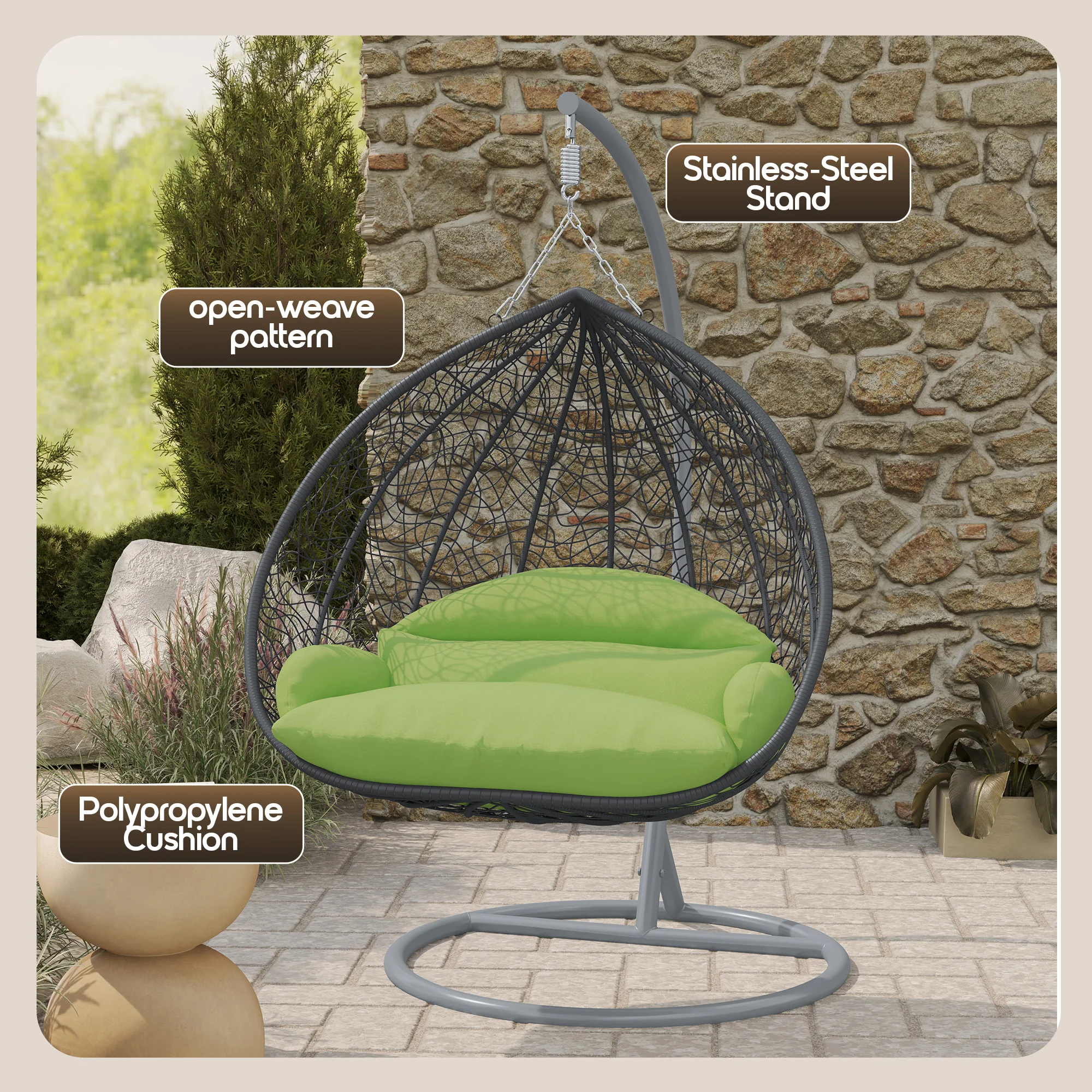Recluse Collection Modern Outdoor Swing Chair Grey Frame with ES57 Light Green Cushion