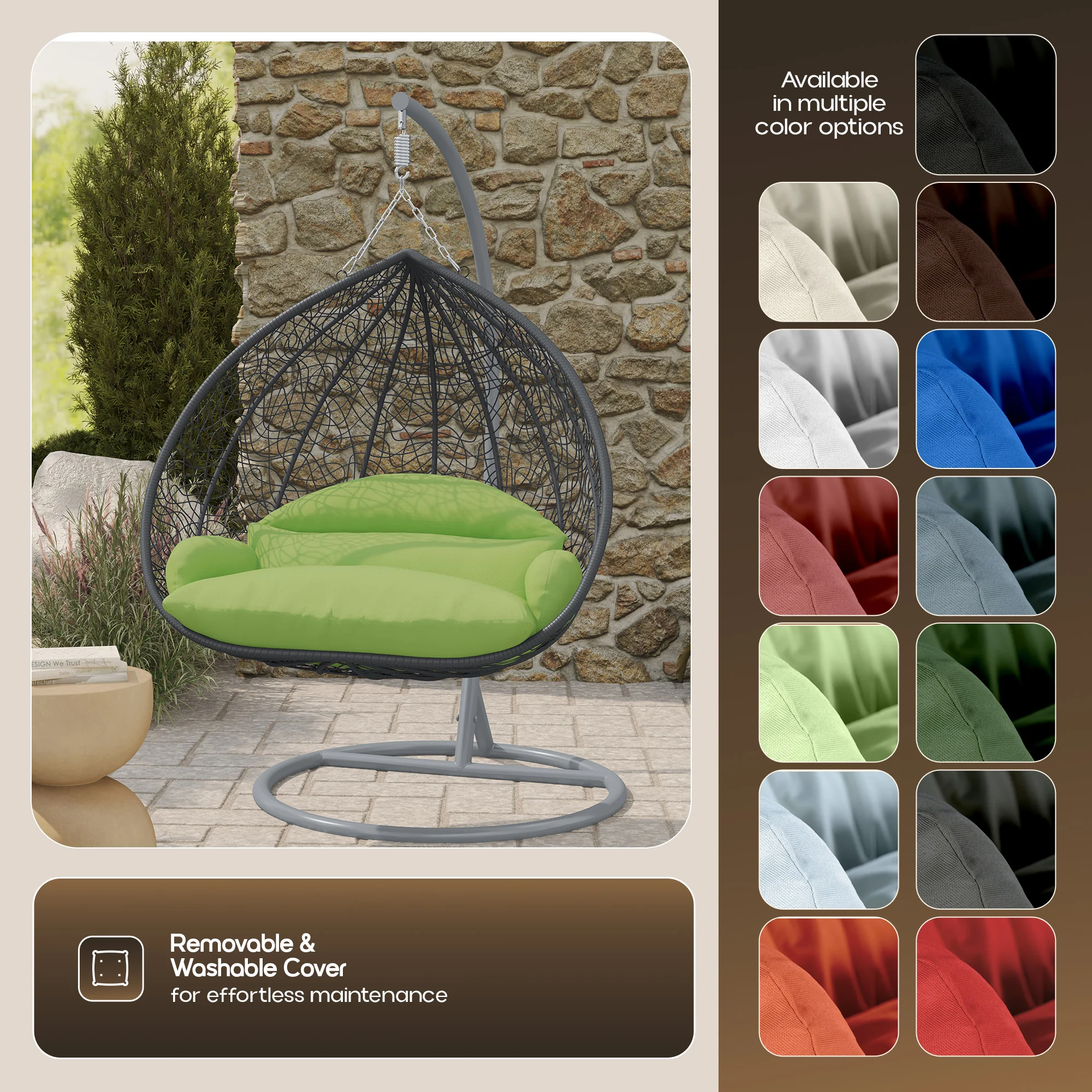 Recluse Collection Modern Outdoor Swing Chair Grey Frame with ES57 Light Green Cushion