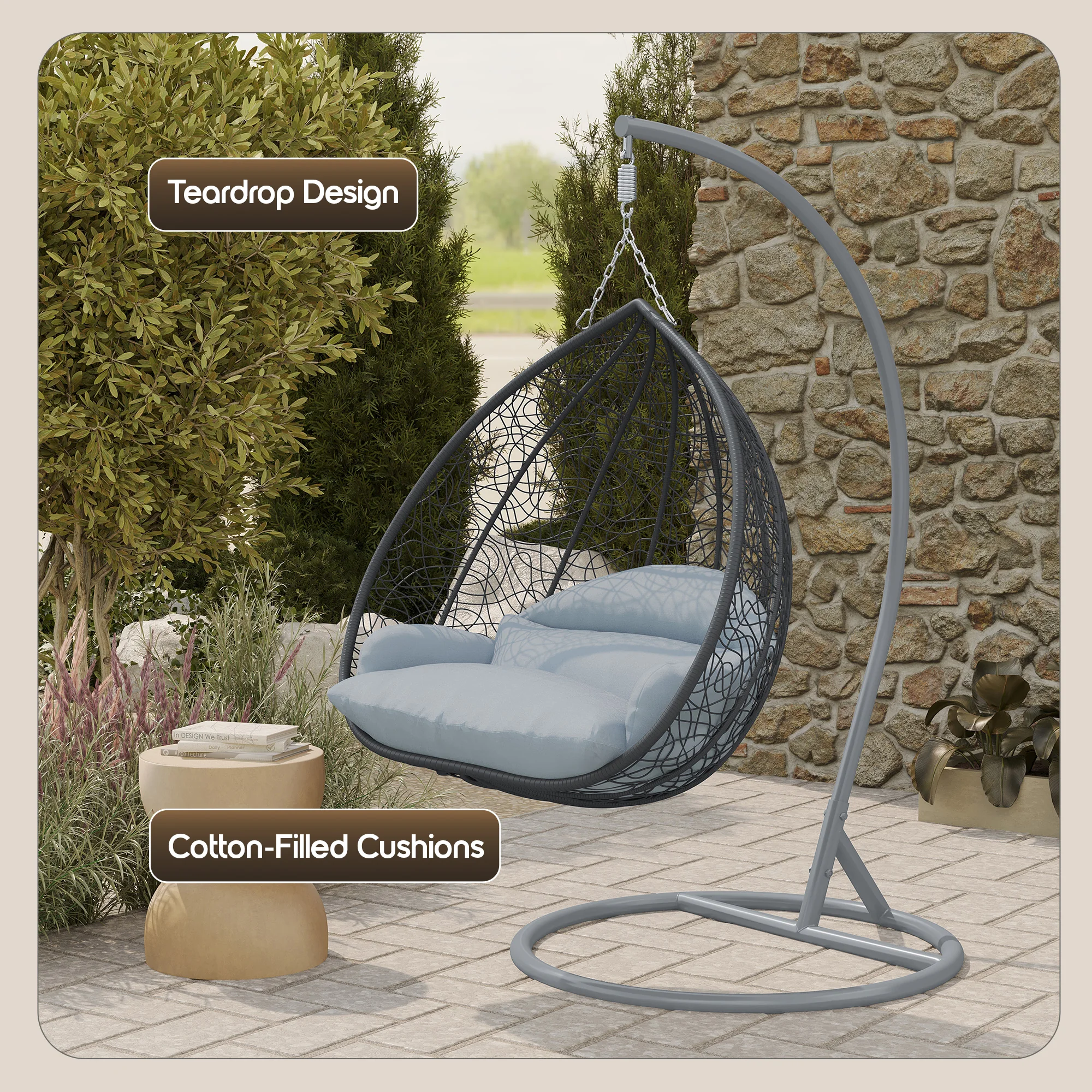 Recluse Collection Modern Outdoor Swing Chair Grey Frame with ES57 Light Grey Cushion
