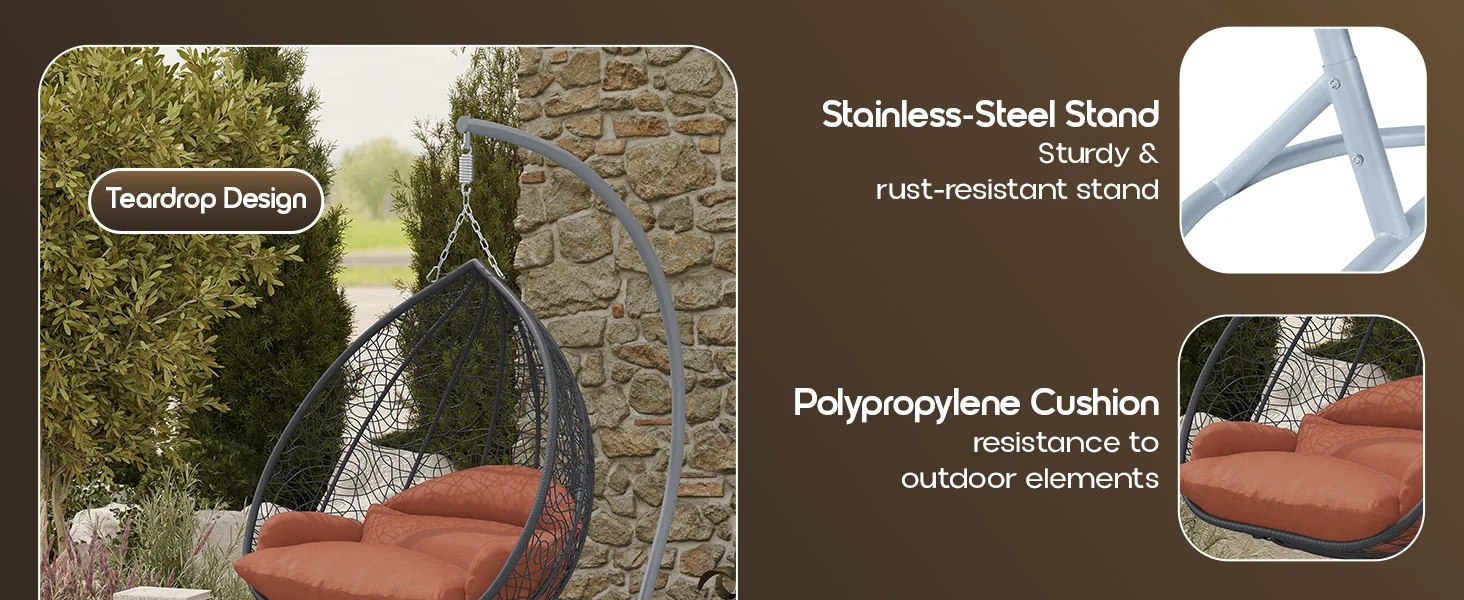 Recluse Collection Modern Outdoor Swing Chair Grey Frame with ES57 Orange Cushion