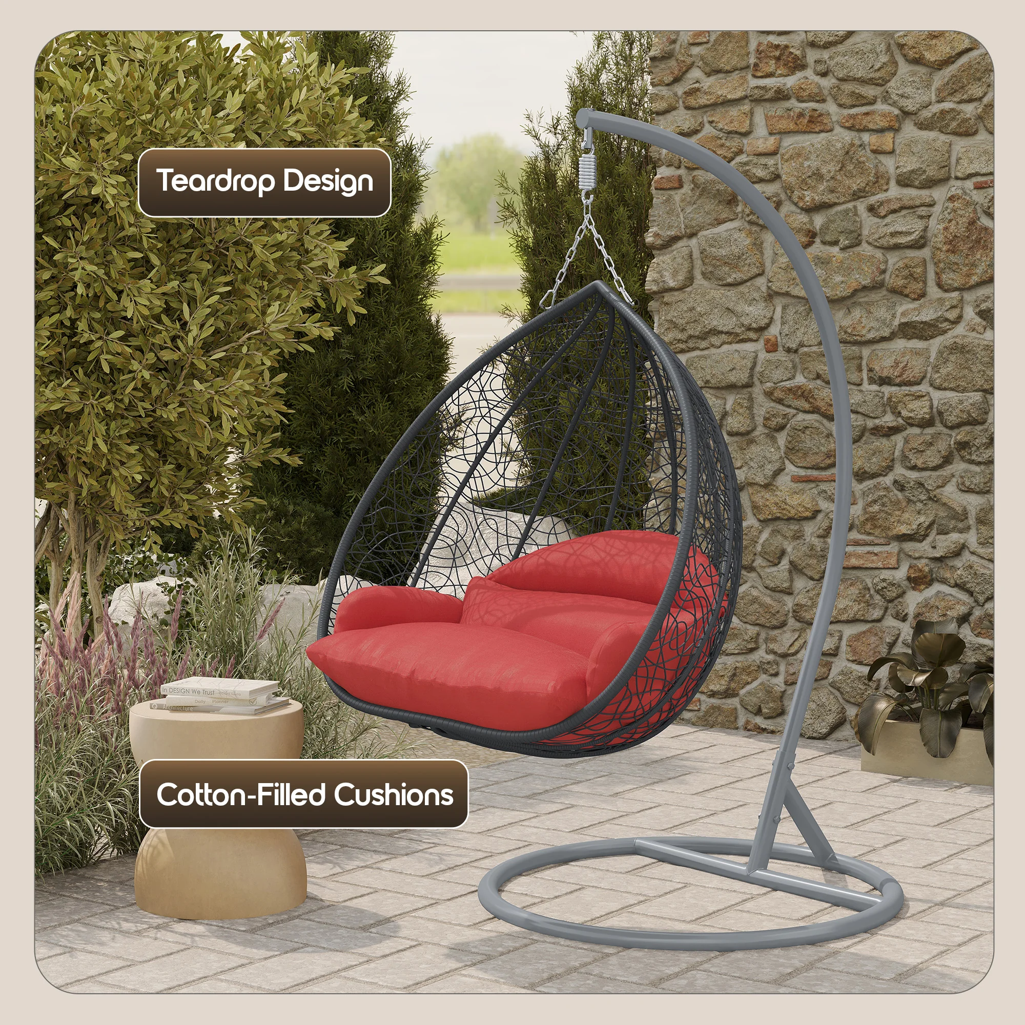 Recluse Collection Modern Outdoor Swing Chair Grey Frame with ES57 Red Cushion